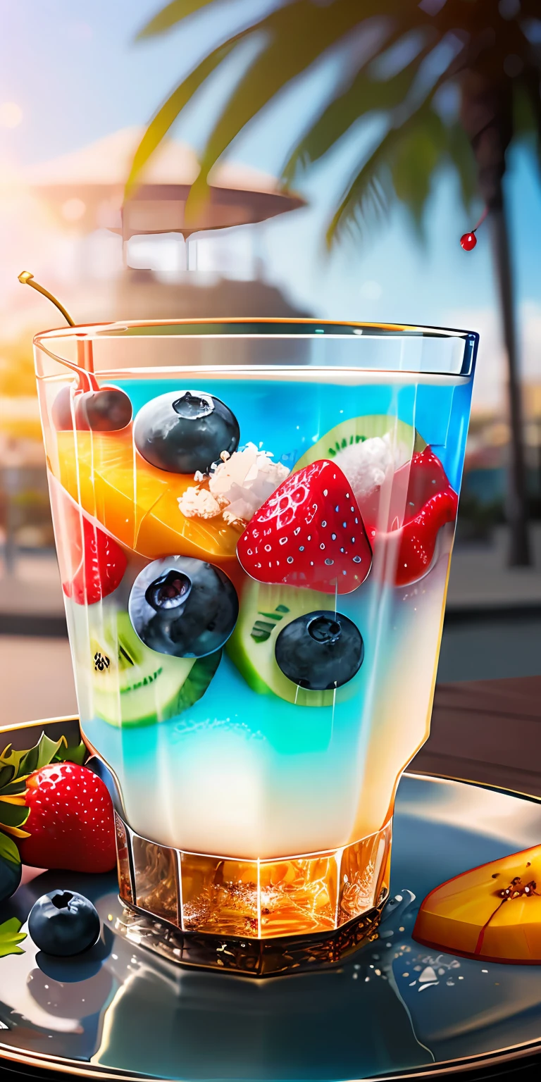 ocean, The sea, resort, tropics, tropical, Palma, picnic, Healthy breakfast. Faceted glass, crystal, mother-of-pearl shimmers, sun glare, Different play of light, Berry yogurt, CocktailWorld, scenery, landscape, Street, Depth of field , ((blurred background)), Masterpiece, Best Quality, ultra detail, (((Multi-layered jelly))) glass, stained glass windows, Multi-colored highlights, tmasterpiece, Top Quality, Experience, Chic, Boho-chic, a gold, utensil, kettle, a cup, plate, crystals, with floral print,1 glass of milk (can be cow's milk, vegetable milk or yogurt) 1 teaspoon vanilla extract of your choice (optional) Chopped fresh fruits (For example, strawberries, kiwi, mango, blackberry, raspberry, cherry, carambola, blueberries, etc.) Marengo,
