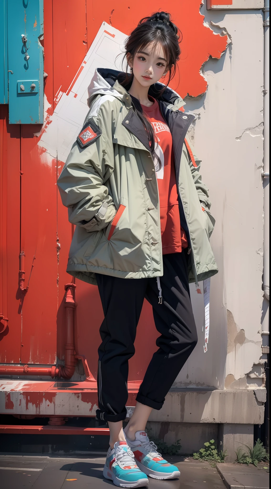 Kizi，Wear a jacket and red shoes, Stretch one foot，Dance movements，Red and white sweatshirt trench coat，Sideways photo，fully body photo，Colorful color scheme，Trendy clothing，Leave white space above the image，Columnar patch background，Geometric pattern stitching background