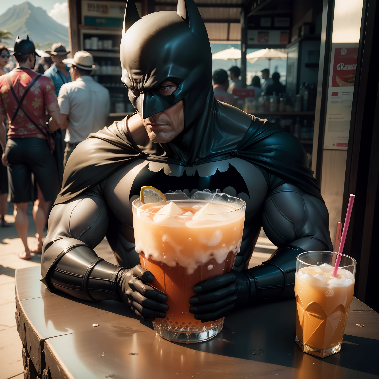Batman character, ultra realistic, best quality, super detailed having a drink at a kiosk in hawaii