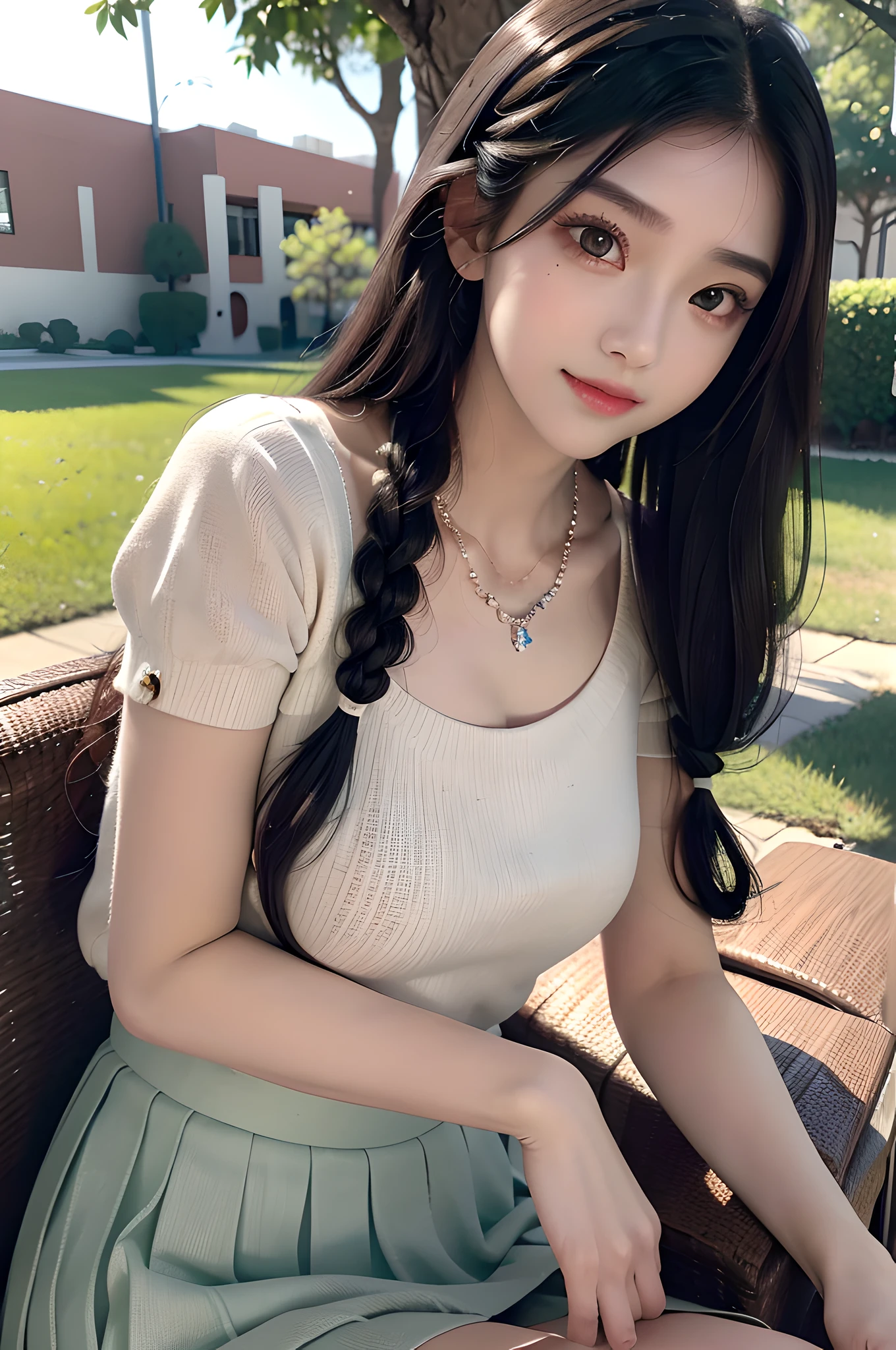Realism, 18 years old beautiful and cute girl, masterpiece, best quality, crystal necklace, a delicate and beautiful girl, big eyes with a god, long eyelashes, beautiful pupils, sweet eyes with lying silkworms, sweet smile, (face filling), outdoor, sexy girl with S-shaped body, smooth wavy braids, (petite), tight shirt, pleated skirt,