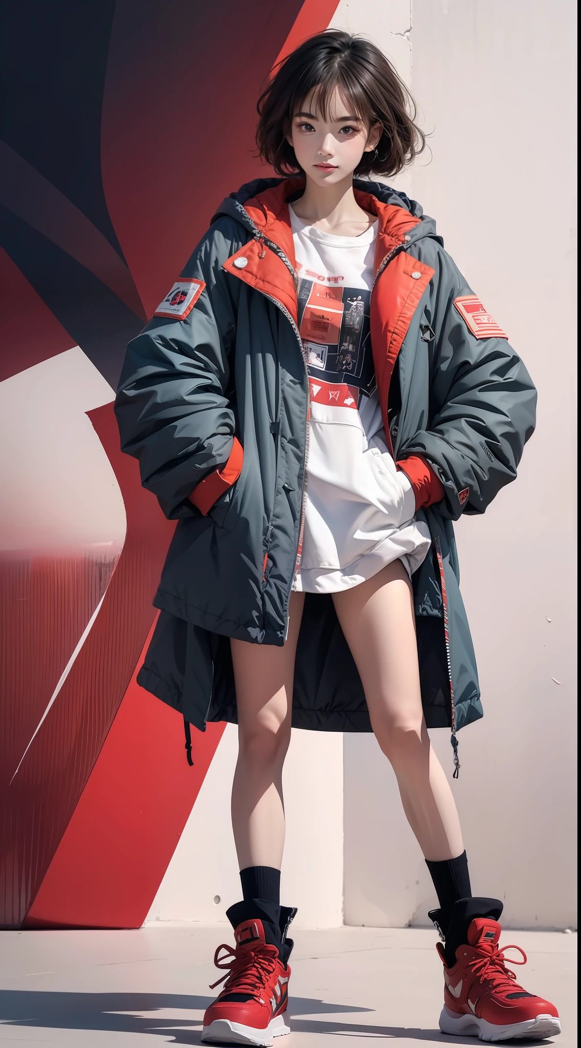 Kizi，Wear a jacket and red shoes, Stretch one foot，Red and white sweatshirt trench coat，Sideways photo，Hands in pockets，fully body photo，Colorful color scheme，Trendy clothing，Leave white space above the image，Columnar patch background，Geometric pattern stitching background