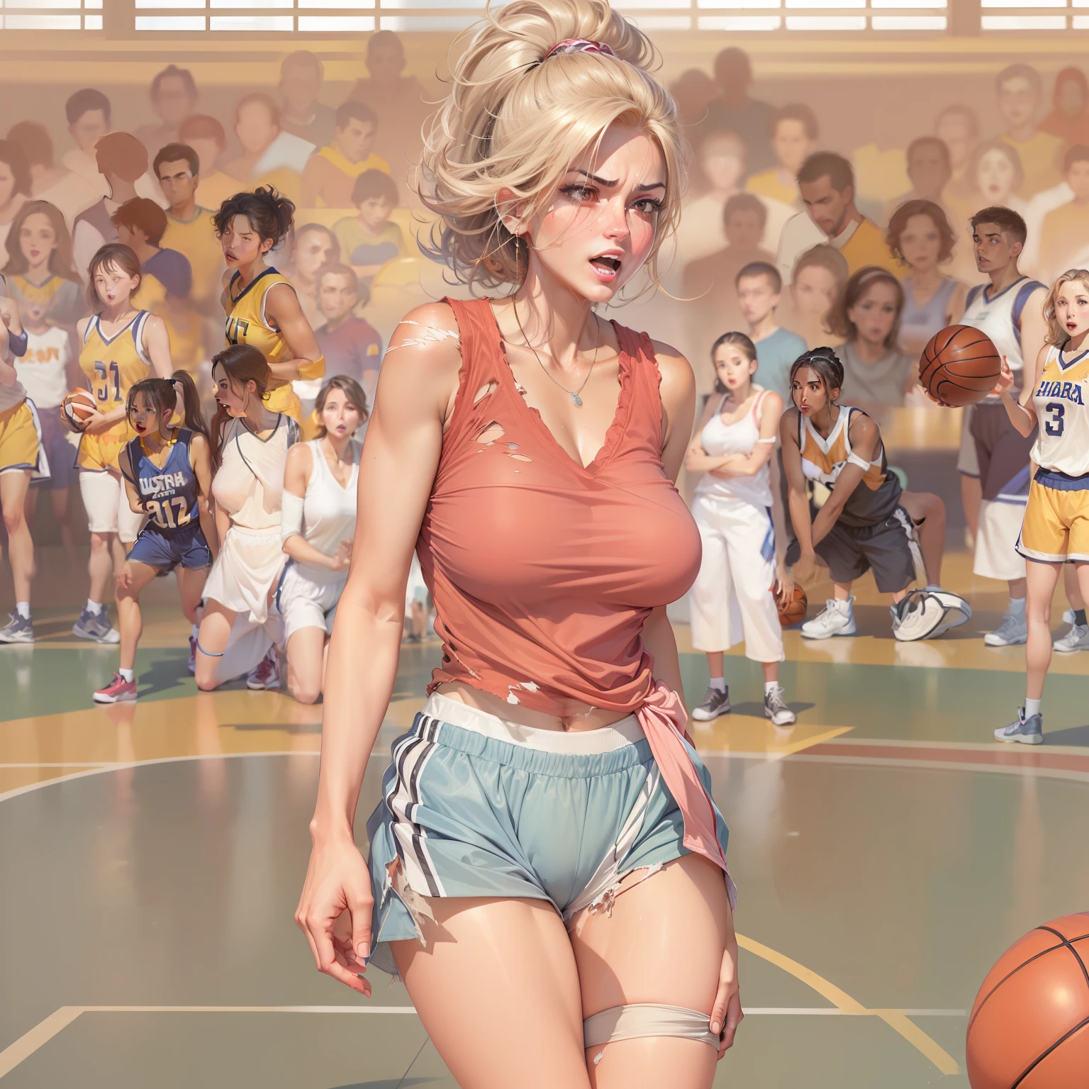 (hight resolution, Best Quality, Masterpiece:1.4), (Milf, Mature woman:1.3), sparkly skin, beautiful hips;, wide hips, Teeth on the skin, small breasts, (Woman in torn clothes:1.3), Basketball jersey, basketball shorts, Short shorts, Sweating Lots,, Sweating Lots,, (On the basketball court:1.2), (You can see the cunt under the shorts:1.2),  taut clothes, pubic hair, The expression of an angry face, Mrs, Dominant woman, Alpha Woman, From Bottom, Blushing, Beautiful background,