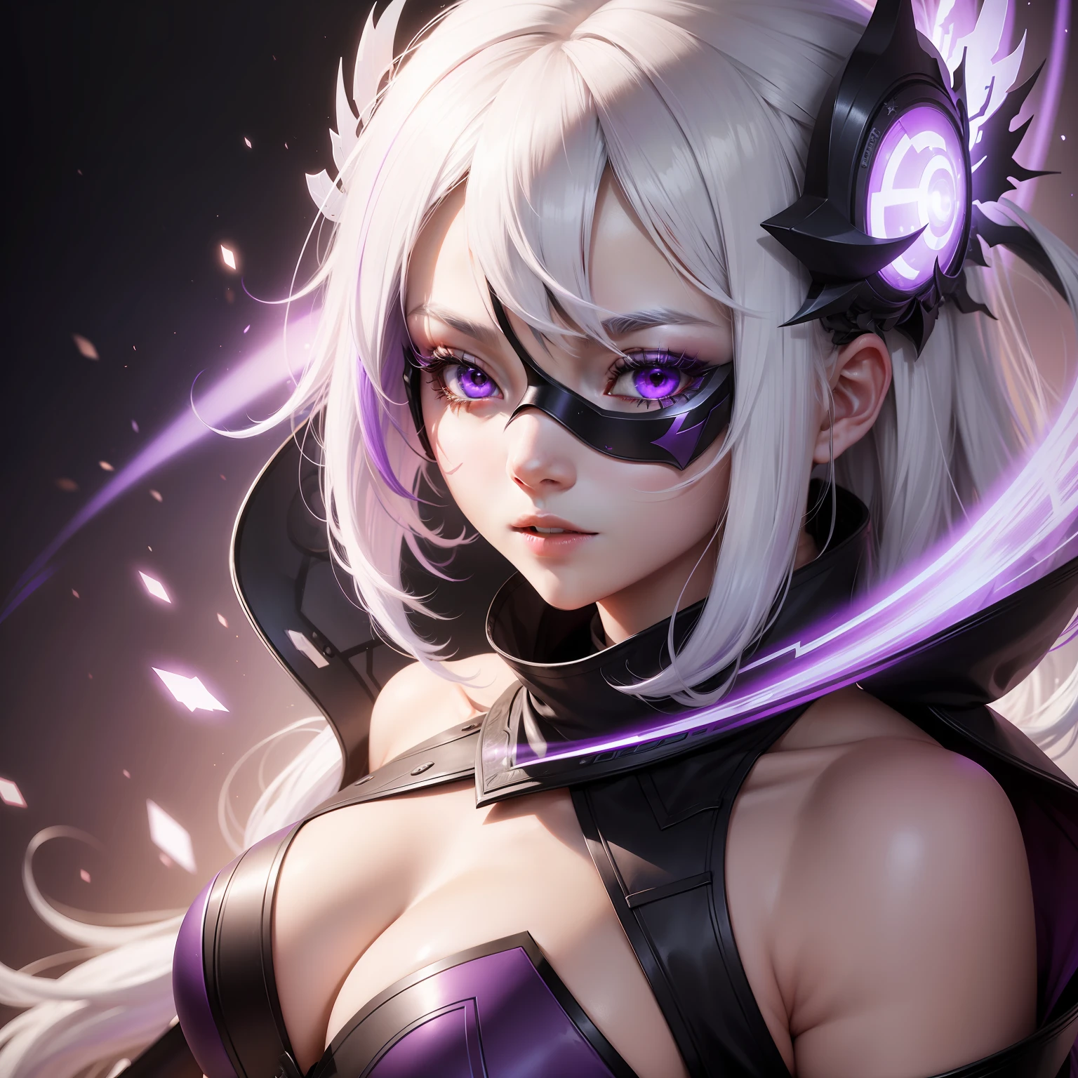 1girl, white hair, multicolored hair, purple eyes, mask on head, sidelighting, light particles, wallpaper,