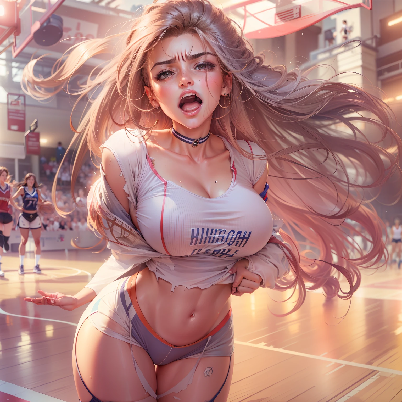 (hight resolution, Best Quality, Masterpiece:1.4), (Milf, Mature woman:1.3), sparkly skin, beautiful hips;, wide hips, Teeth on the skin, small breasts, (Woman in torn clothes:1.3), Basketball jersey, basketball shorts, Short shorts, Sweating Lots,, Sweating Lots,, (On the basketball court:1.2), (You can see the cunt under the shorts:1.2),  taut clothes, pubic hair, The expression of an angry face, Mrs, Dominant woman, Alpha Woman, From Bottom, Blushing, Beautiful background,