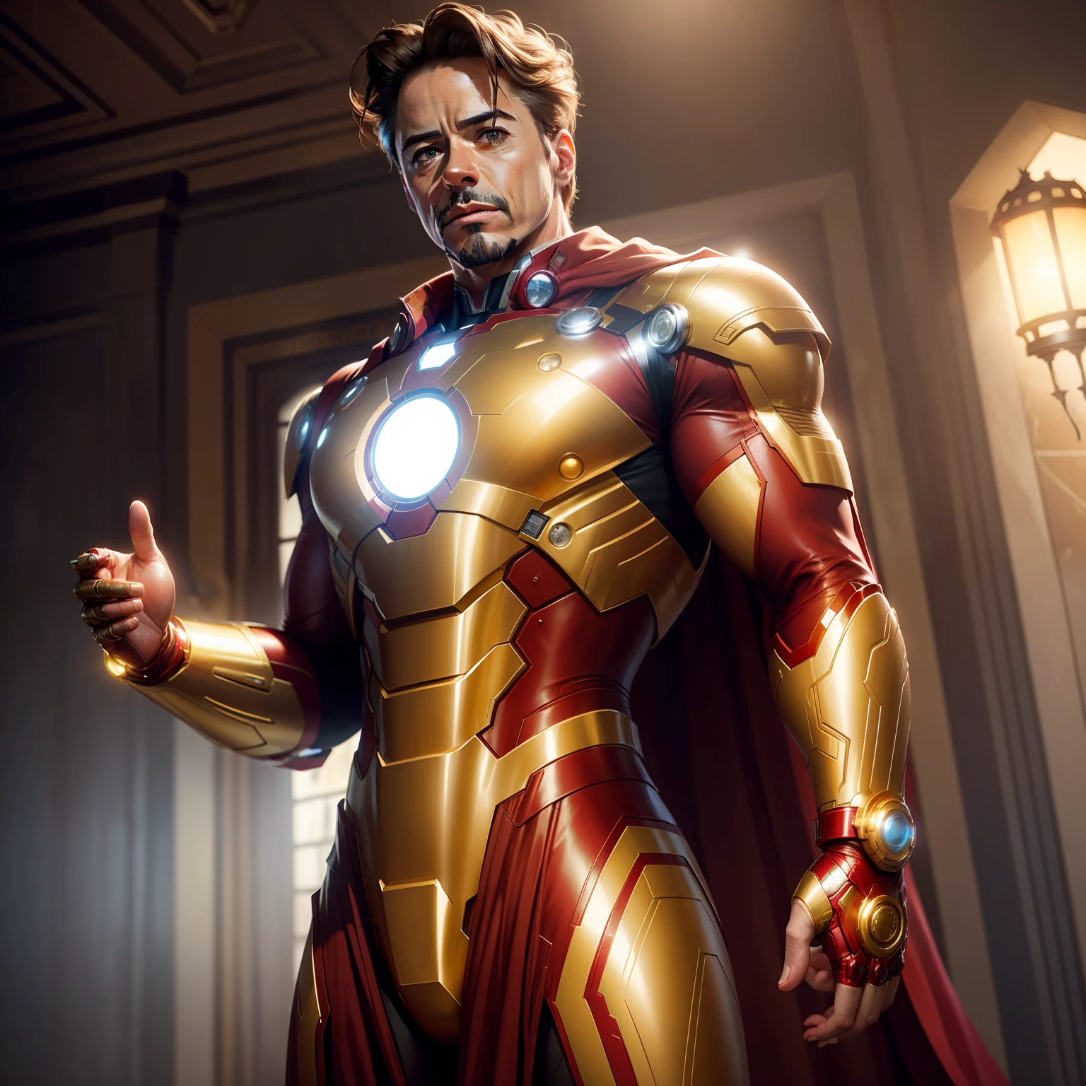 Masterpiece, best quality, Robert Downey Jr. in gold ironman suit but in Arabian style suit, shining Gold suit With gold robe,Arabian city, Super hero landing pose, Tony stark, Amazing, realistic, 8K, Gold Ironman, Cinematic lighting, Ultra detail,high resolution, Robert Downey Jr., Ultra Realistic,