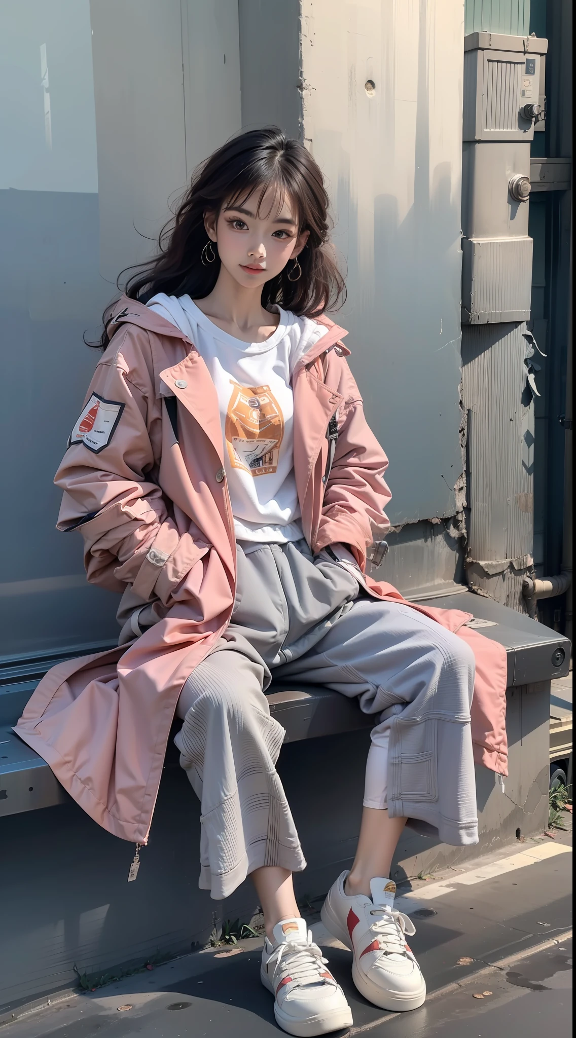 Kizi，Sit on an invisible bench in a coat and red shoes，Stretch one foot，Red and white sweatshirt trench coat，Sideways photo，Hands in pockets，fully body photo，Colorful color scheme，Trendy clothing，Leave white space above the image，Columnar patch background，Geometric pattern stitching background