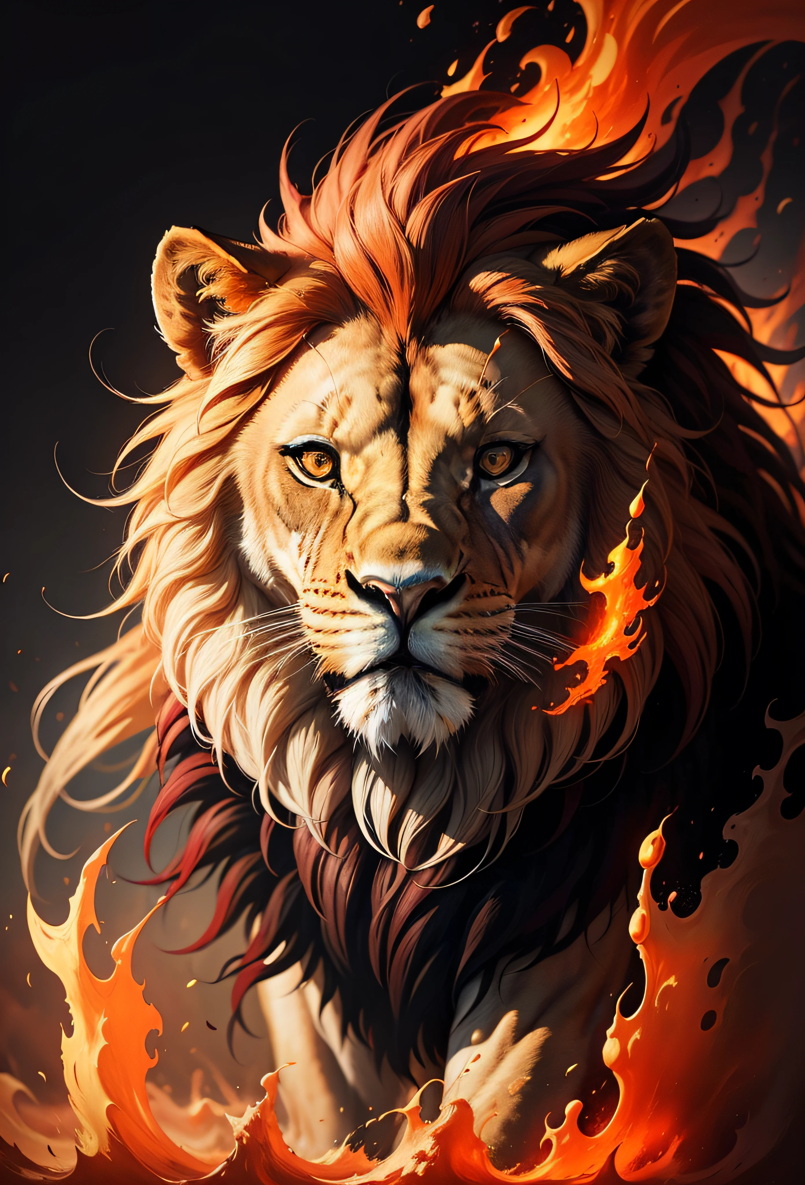the Lion,super high-quality model, Background of flame burning, Abstract beauty, Explosive volume, oil painted, Heavy strokes, paint drips