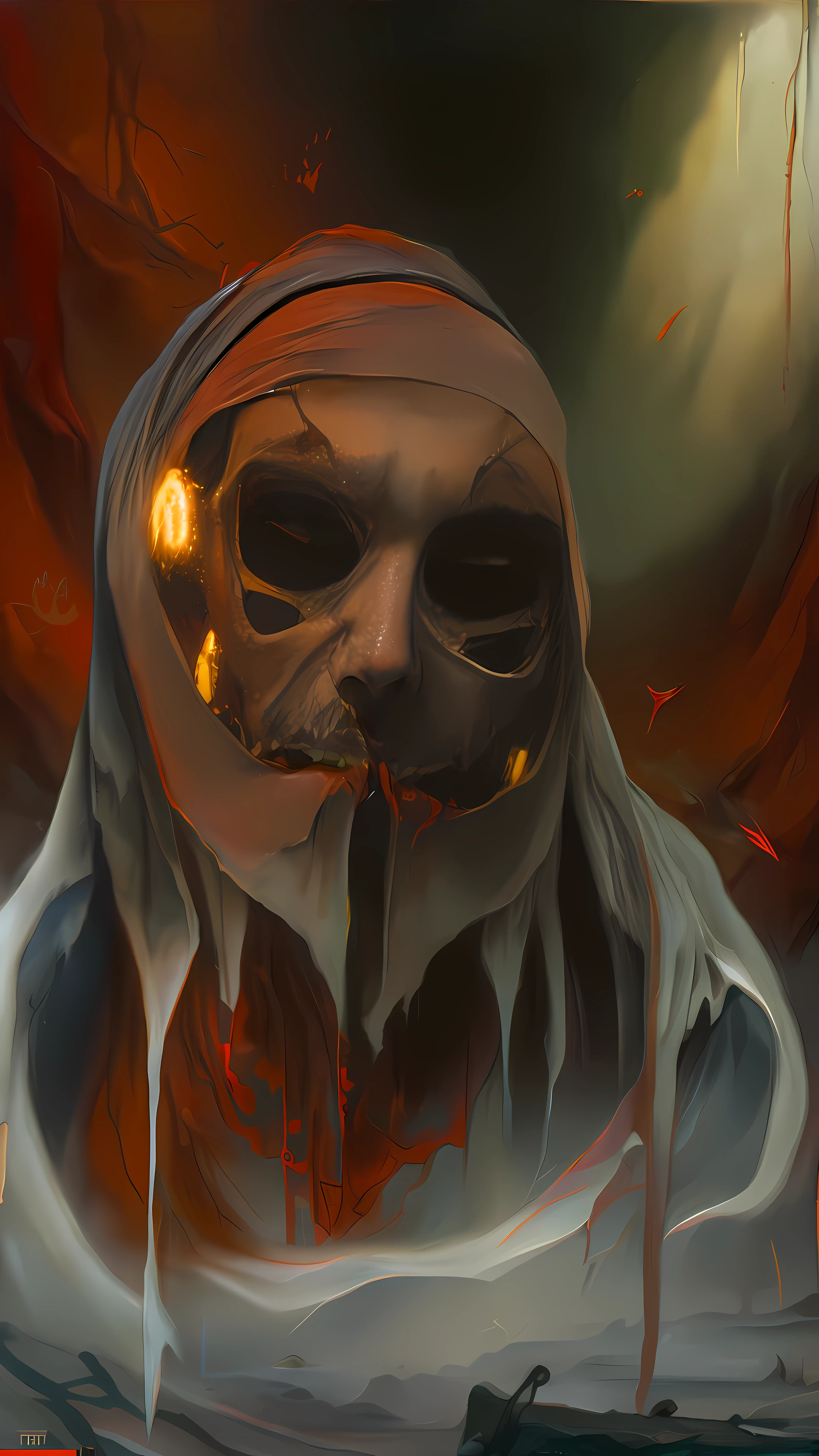 (((8k, very high resolution, masterpiece))), generate a high-resolution image of a wraith, a malevolent spirit that wanders through the mortal realm in search of souls to claim. The wraith should be depicted as a shrouded figure, its face obscured by a red rag, and its body wreathed in an ethereal, ghostly mist. The wraith should be holding a lantern that emits a spectral light, which it uses to guide the souls it deems unworthy to rest to their ultimate fate. The lantern is attached to one of his shrouded hand with a spiked chain, and should dangle under his stretched arm when pointing at the viewer.
The setting should be dark and eerie, depicting the wraith as a harbinger of death and despair. The background is an icy, dark cave, the light weak, mostly coming from the lantern of the spectre. The colors should be muted and ominous, with a focus on shades of red and blue. Use Stable Diffusion to ensure the generated image is visually consistent and coherent, with a high level of detail and realism.