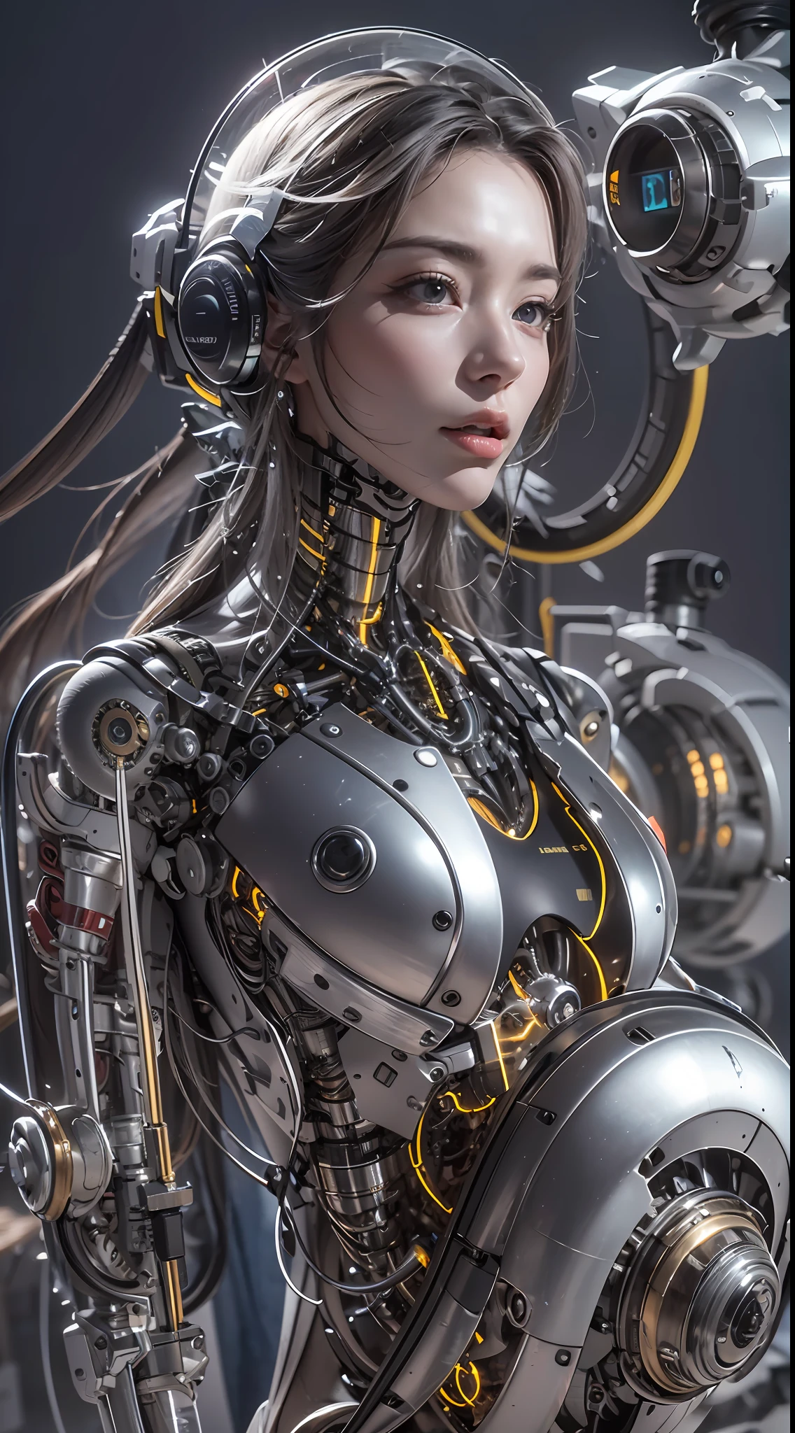 best qualtiy， tmasterpiece， Ultra-high resolution， Rendered with camera-like realism， real photograph，(((( A mechanical girl))))，((Solo))，(((full bodyesbian))),((Perfect facial features，delicated face))，((Clean face))，((There is nothing else on the face))， highly realistically detailed， Panoramic lighting effects， Fine and accurate shading representation， rendering by octane， 8K分辨率， Reveal vivid skin details， Representation of metallic materials， Depicting vacuum tubes、Liquid tubes、oil pressure gauges、glass tubes、Simulate details such as meters， Highlight the details of the gears，  realism light effect， Face the audience's gaze，Mechanical components， The mechanical spine is attached to the back， Mechanical attachment attached to the neck，