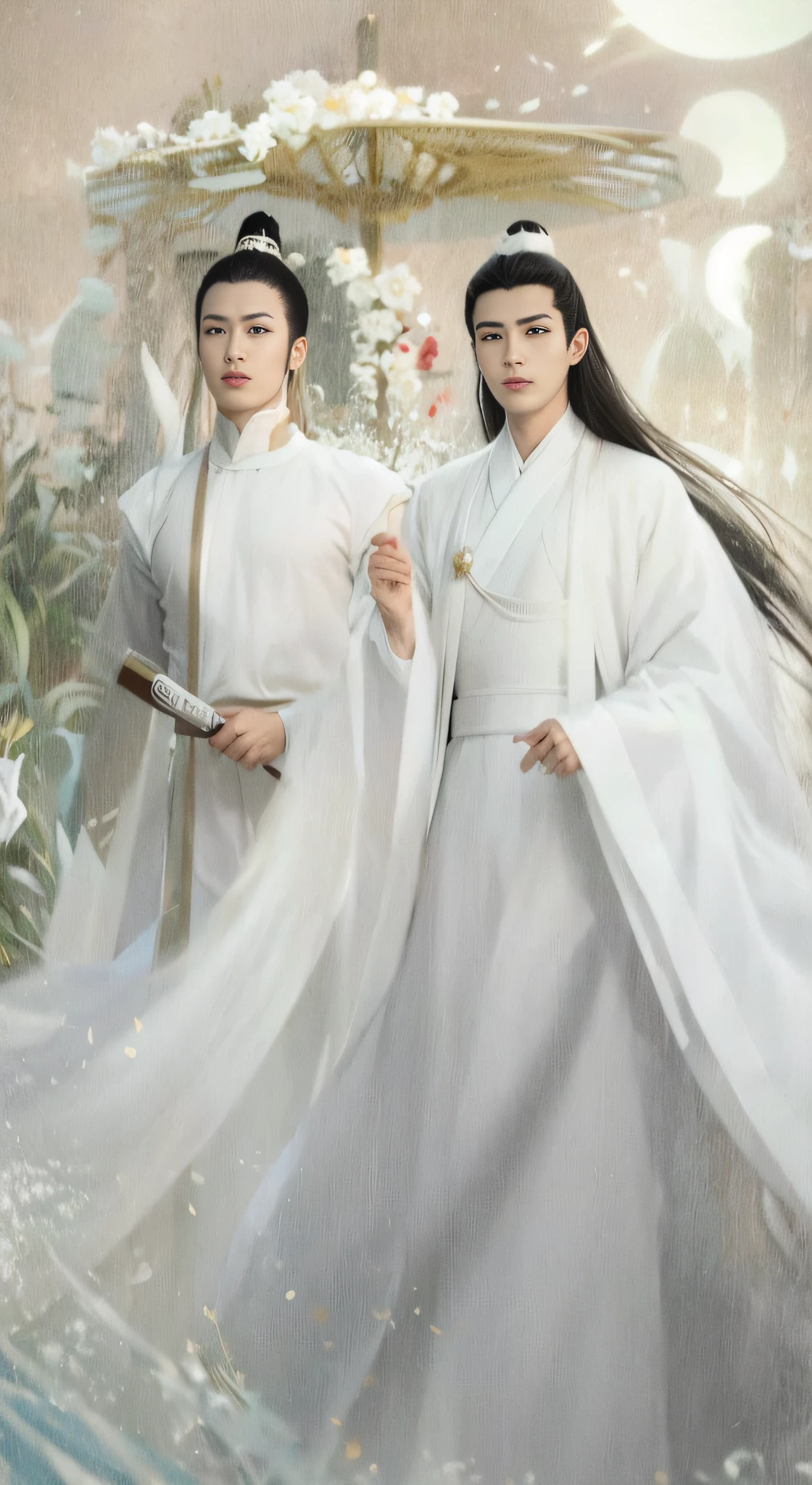 Two Asian men dressed in white stood side by side。, flowing white robe, xianxia fantasy, White Hanfu, full-body wuxia, ancient kings in white robes, Inspired by Seki Dosheng, inspired by Gu An, flowing hair and long robes, white daoist robes, inspired by Zhu Derun, Inspired by Tang Yifen，Clear close-up of faces，超高分辨率，Full marks for details，