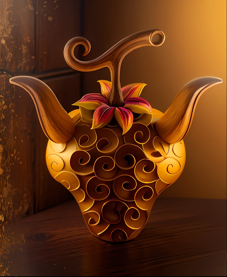 still-life,Devil Fruit(amarelo),Wooden background, conceptual art, macro photograph, kanon, Super detail, High details, Best quality
