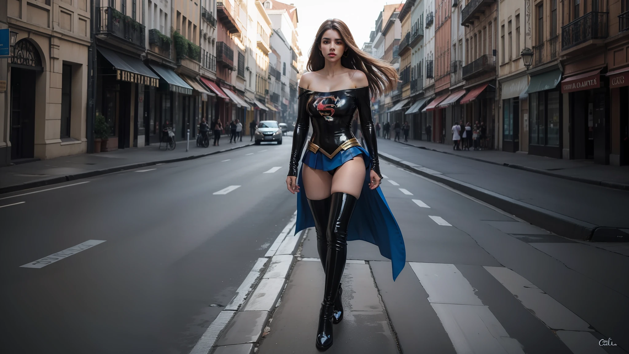 Mulher jovem, rosto perfeito, bonita, athletic, cabelos loiros, coxas grossas, middlebreasts, cintura estreita, usando top de latex com S de supergirl no peito, top de mangas longas, saia de latex preta, minissaia, saia curta, saia justa, roupas curtas, pernas bonitas, pernas nuas, abdome definido, abdome exposto, magra, elegante ambiente urbano, luz do dia