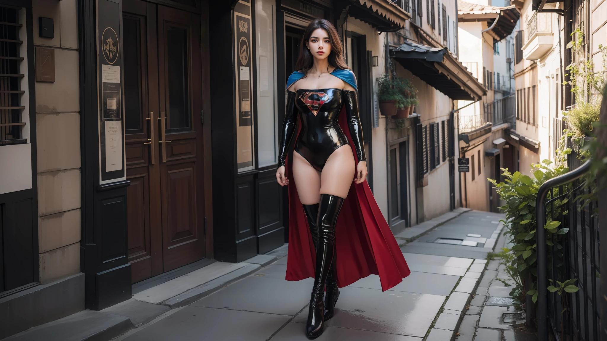 Mulher jovem, rosto perfeito, bonita, athletic, cabelos loiros, coxas grossas, middlebreasts, cintura estreita, usando top de latex com S de supergirl no peito, top de mangas longas, saia de latex preta, minissaia, saia curta, saia justa, roupas curtas, pernas bonitas, pernas nuas, abdome definido, abdome exposto, magra, elegante ambiente urbano, luz do dia