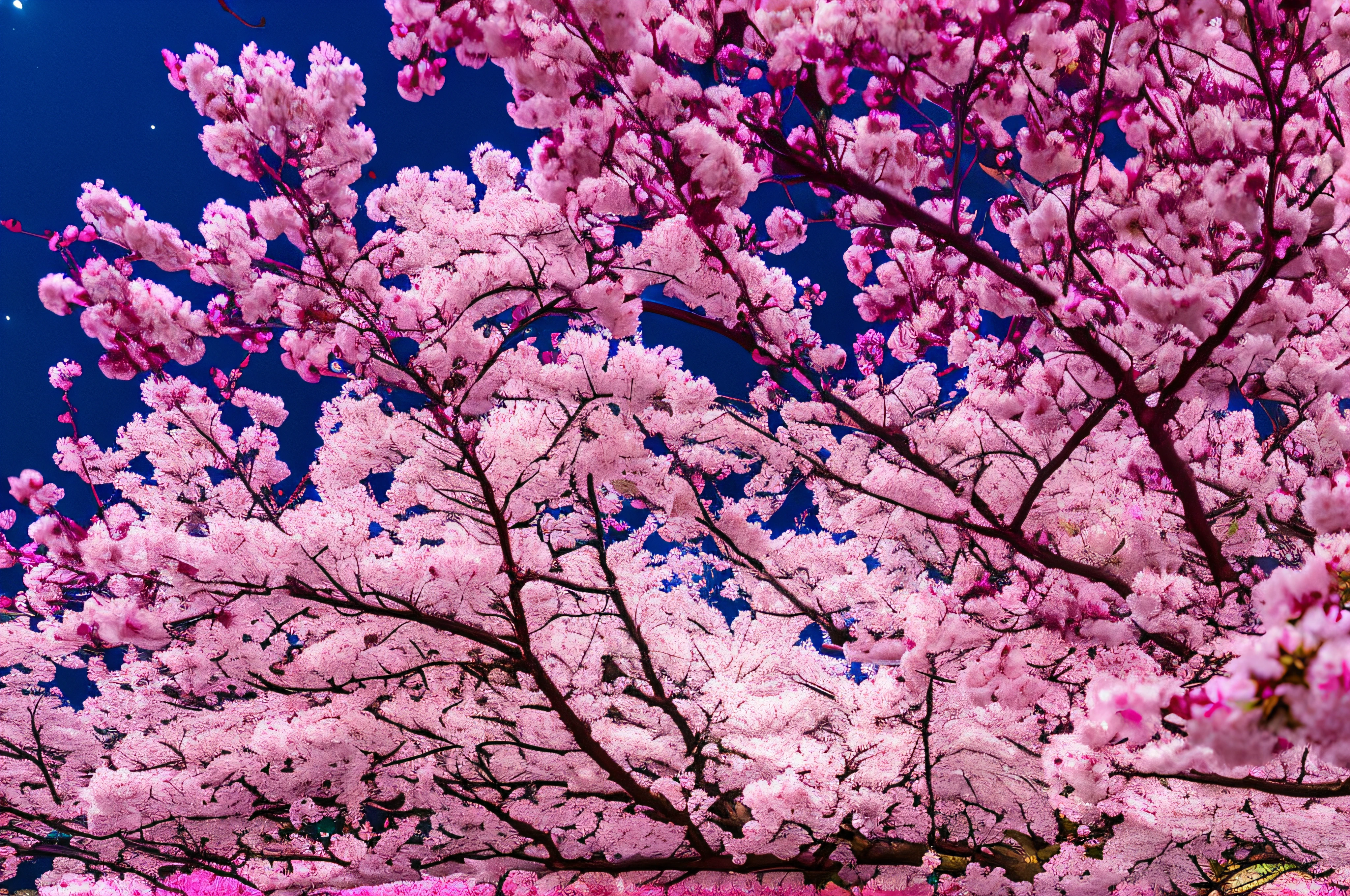 Arafed tree with pink flowers and full moon on background, under a cherry blossom tree, cherryblossom, sakura season dynamic lighting, The cherry tree, The cherry tree, sakura trees in the background, cherry blossom, The cherry tree, sakura bloomimg, cherry blossoms in the wind, cherry blossom falling, sakura season, lots of sakura flowers, The cherry tree