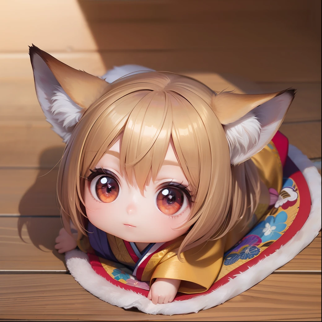 (Best quality), (masterpiece:1.3), (photorealistic:1.36), (realistic), ultra-detailed, Japanese Anime Style, Moe, 1young girl, chibi, Big head, Tiny, This depicts a fox disguised as a female, dressed in off-the-shoulder kimono clothing, an golden fox with red eyes in the background, the twilight, stand on the land, Lateral, looking at viewer, Rolling around on the floor