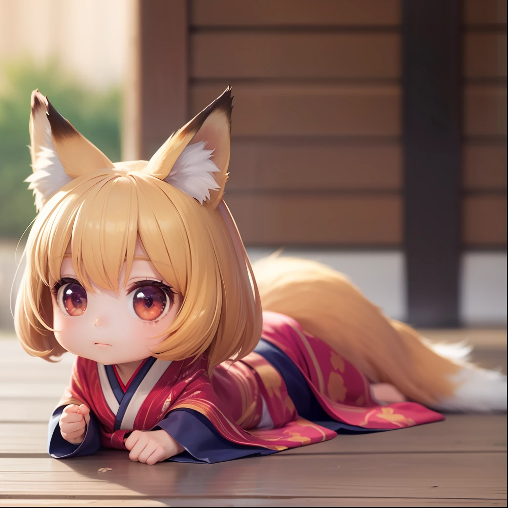 (Best quality), (masterpiece:1.3), (photorealistic:1.36), (realistic), ultra-detailed, Japanese Anime Style, Moe, ung girl, chibi, Big head, Tiny, This depicts a fox disguised as a female, dressed in off-the-shoulder kimono clothing, an golden fox with red eyes in the background, the twilight, stand on the land, Lateral, looking at viewer, Rolling around on the floor