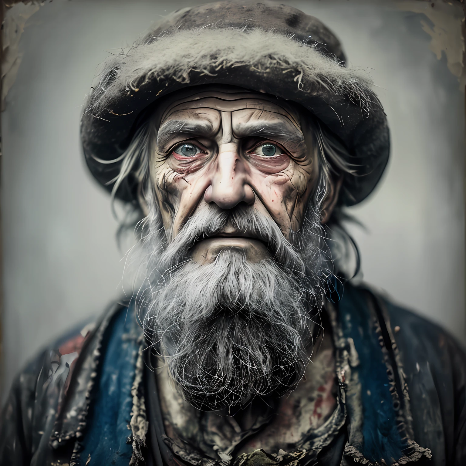 A portrait of poor russian 1800 old worker in rags, ((overwhelming fatigue )), wrinkles of age, concept art, oil pastel painting , moody gray colors , gritty, messy stylestyle of Alexey Savrasov, Ivan Shishkin, Ilya Repin, (cel shaded:1.2), 2d, (oil painting:1.2) highly detailed