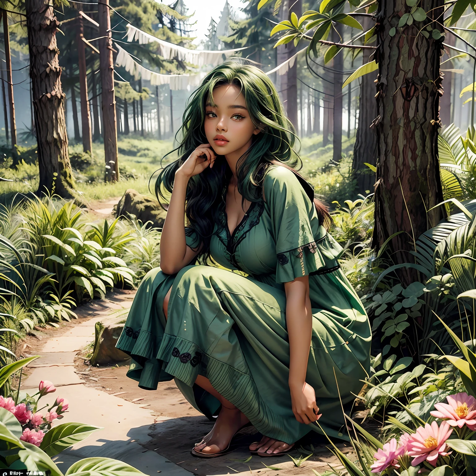 illustrations, full body, black skinned girl, cute, beautiful face, perfect eyes,
dress, flowers, forest background, sweet skin, colorful, perfect, flawless,
green haired girl beautiful green outfit, sweet green outfit, full picture,
perfect picture, by Barbara Palvin