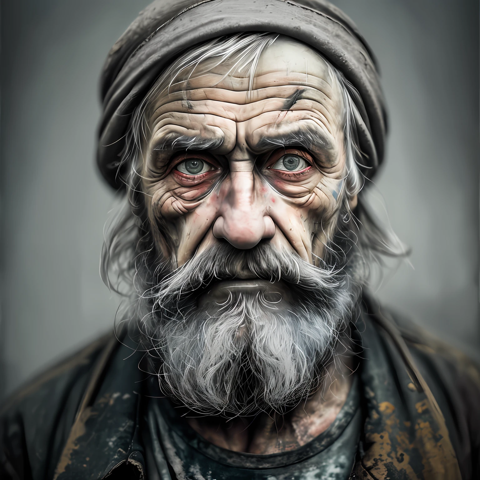 A portrait of poor russian 1800 old worker in rags, ((overwhelming fatigue )), wrinkles of age, concept art, oil pastel painting , moody gray colors , gritty, messy stylestyle of Alexey Savrasov, Ivan Shishkin, Ilya Repin, (cel shaded:1.2), 2d, (oil painting:1.2) highly detailed