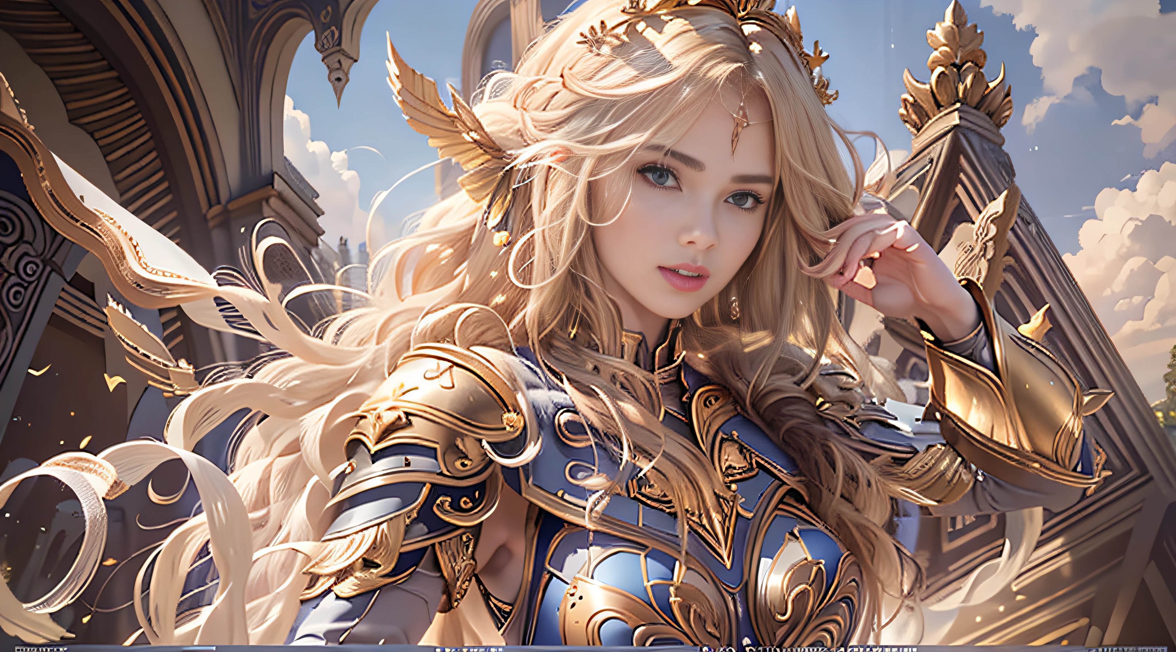 ((Masterpiece)), ((Best picture quality)), Extremely realistic, atenea, full bodyesbian, Blonde hair, Sparkling golden eyes, Elegant female face, Intimate armor, Highlight the kingly momentum, Popular art station style, Sharply focused studio photos, complexdetails, The is very detailed, Detailed eye illustration, Focused digital rendering, Professional 4K levels。