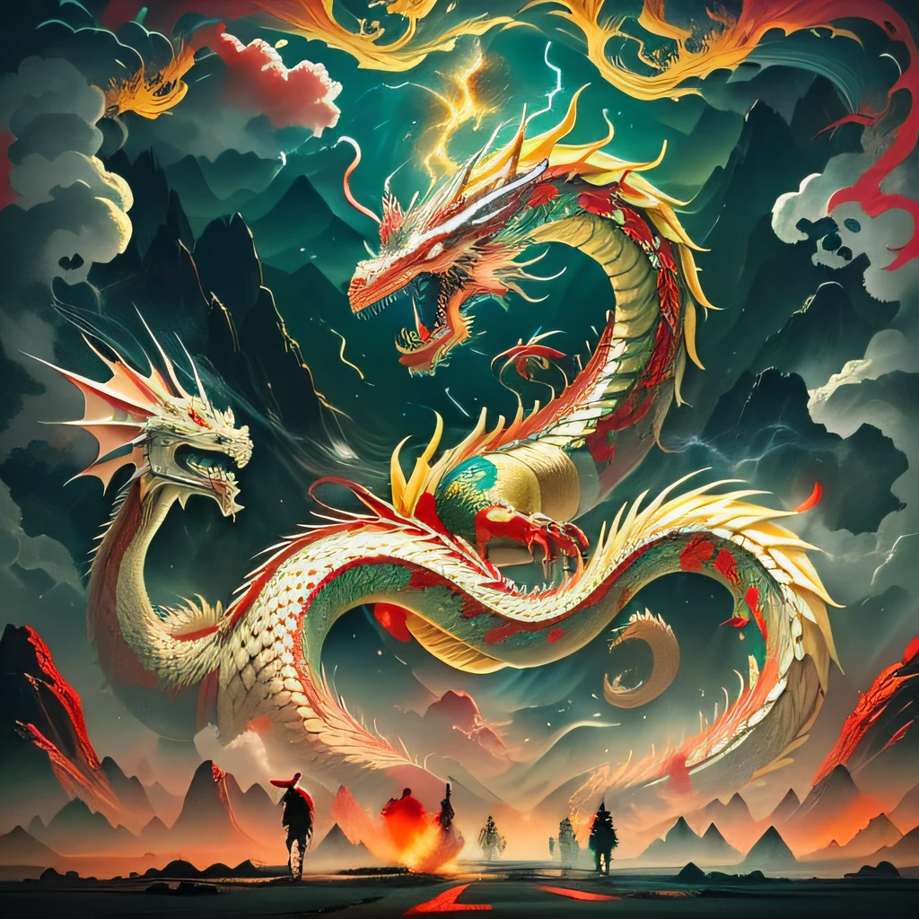 Red-yellow dragon，chinesedragon，a dragon，A man walks ahead of it, chinese dragon concept art, chinese dragons fighting, Dragon Art, Chinese mythology, oil painting of dragon, Chinese fantasy, Chinese Dragon, by Yang J, a dragon made of clouds, cloudy weather，surrounded by cloud，Reddish yellow clouds，ryujin, by Bayard Wu