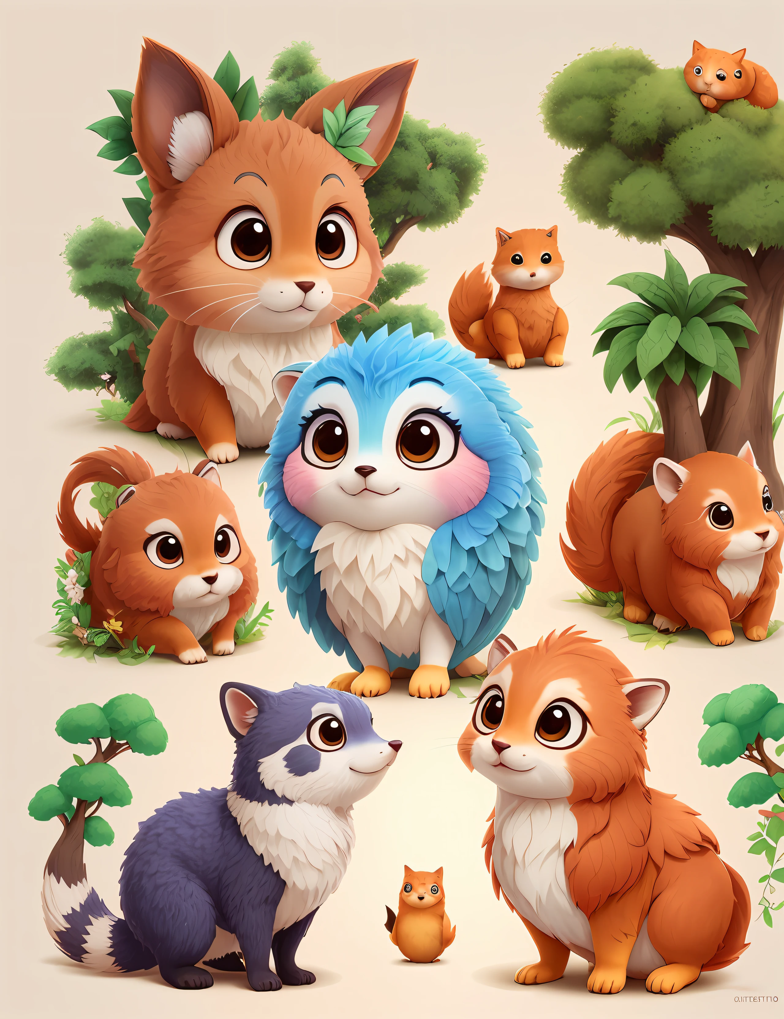 cartoon illustration of a group of animals in a forest, arte digital detalhada bonito, criaturas fofas, painting digital adorable, arte digital bonito, criatura fofa da floresta, arte detalhada bonito, animais bonitos, criaturas peludas, personagens bonitos, arte fofa, bonito 3 d render, cute illustration, 3 bichos da floresta, Animais bonitos detalhados, Criaturas, fanart detalhado, Cartoon style illustration