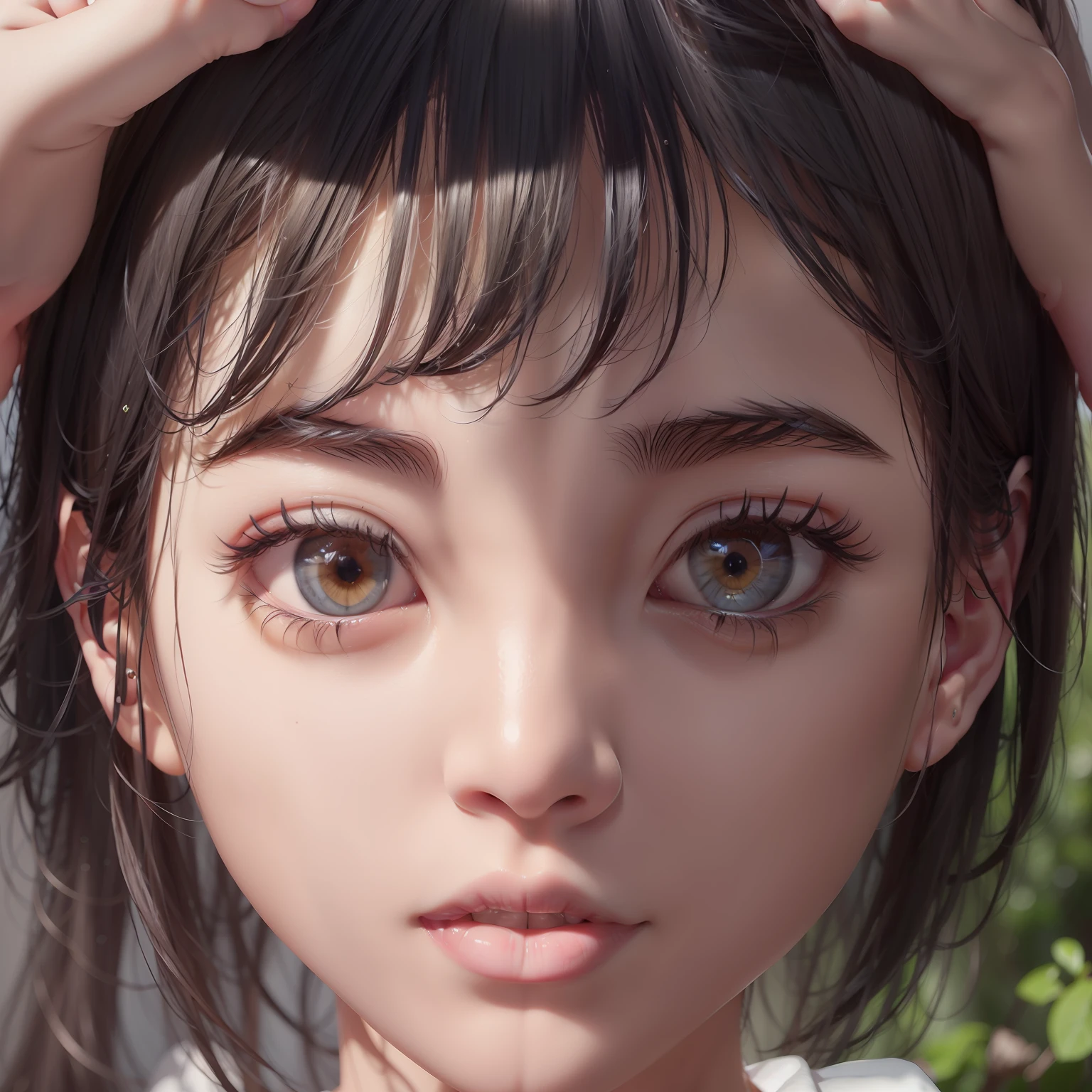 Anime girl with brown eyes and brown hair holding her head, Kawaii realistic portrait, Realistic anime 3 D style, 3 d anime realistic, Detailed digital anime art, detailed portrait of an anime girl, anime realism style, photorealistic anime girl rendering, Smooth anime CG art, Anime realism, Stunning anime face portrait, realistic anime artstyle