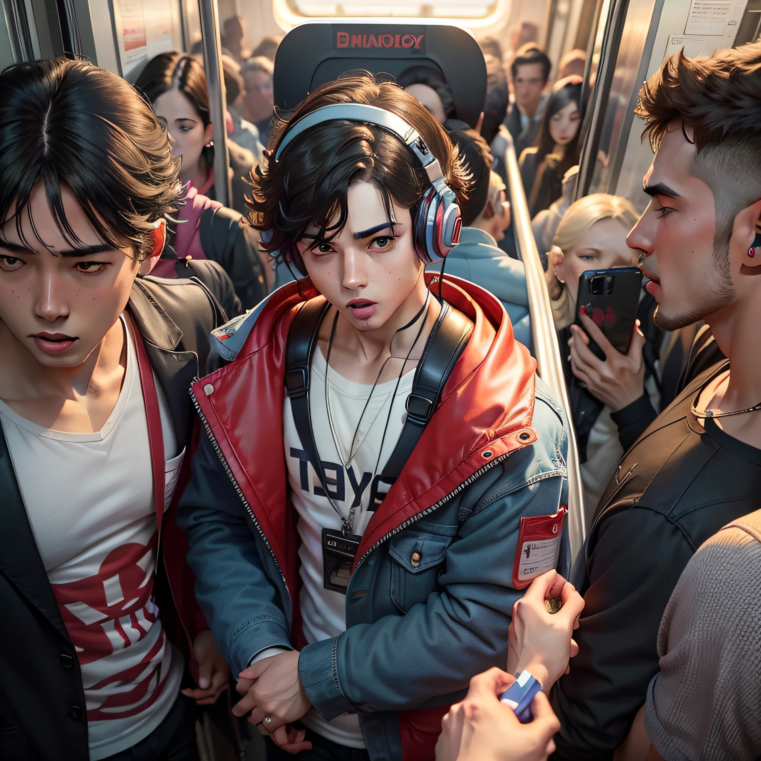 Libido boy,Squeeze through the crowds on the train,Bring a headset,Headphones connect to this pocket MP3