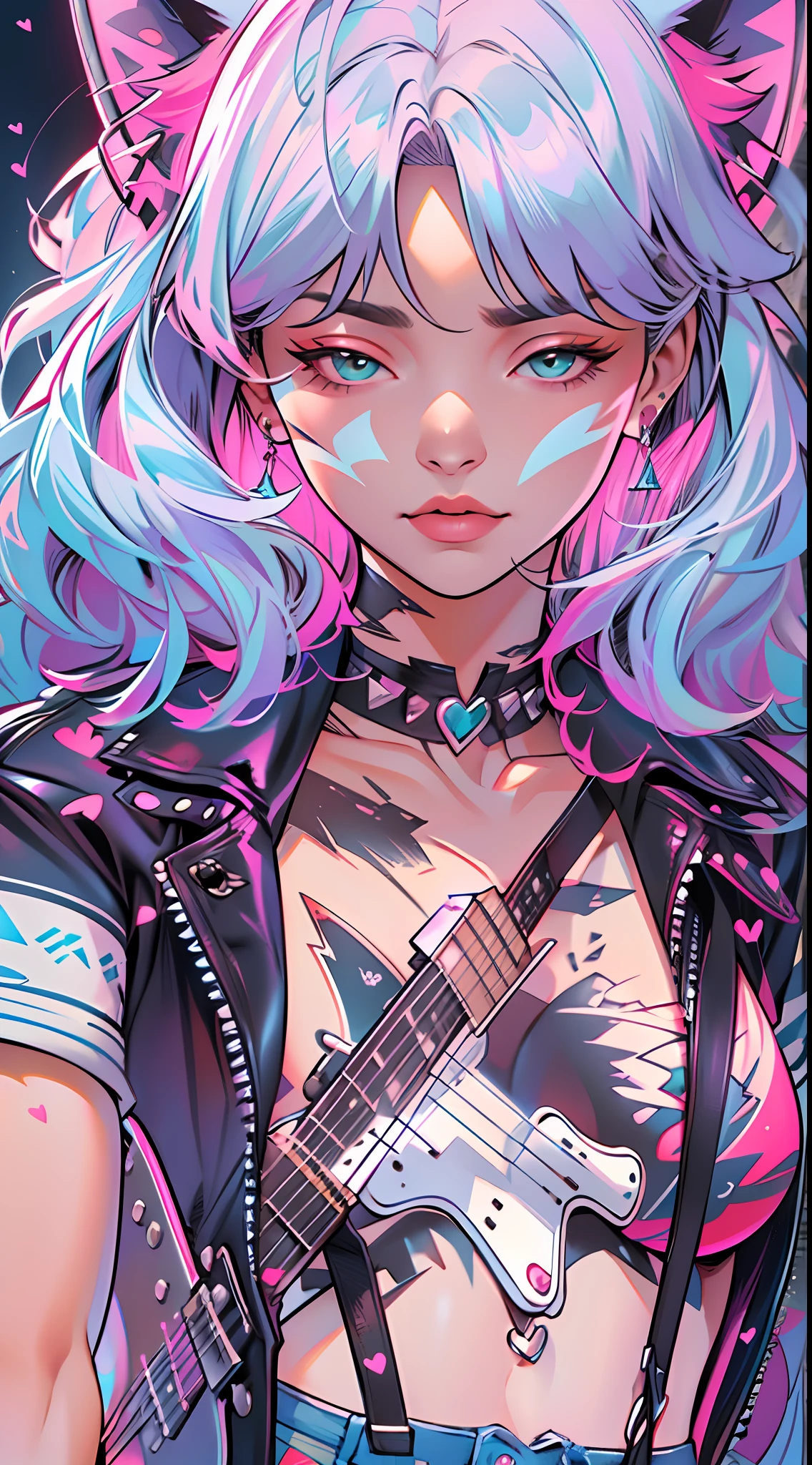 multi-colored neon lights, neon garlands, rose hair, mixed-language_SMS, Japanese, (beautiful and clear background:1.2), high detailed eyes , underwear, lace, latex, Pink, Purple, mint, Blue, Yellow, lavender hair, body piercings, Loving, Love, ultra detail hair, Masterpiece, Best Quality, hiquality, hight resolution, detail enhancement, ((most beautiful image in the world)), Masterpiece, Best Quality, hiquality, hight resolution, detail enhancement, ((most beautiful image ), Shiny pink hair, Ultra Short Fitted Stampa, art by stjepan sejic, art by j scott campbell, Artist Guillem March, art by citemer liu, 4k, hight resolution, comic book character, comic, high quality detailed,   style of ::2.0 comix illustration style,tatoon style, hiquality, hight resolution, detail enhancement, 8K, HD, Best Quality, hiquality, hight resolution, detail enhancement, 8K, HDR, sharp-focus, Ultra Detailed, perfect  lighting, Curvy Body, Lush breasts, Curvy hips, rock, rock star, Cool,black leather jacket , style of, spikes, Wolf, Cat's ears, Cool bracelets, Choker, Short shorts, fishnet pantyhose,  (((plays the guitar))) plays the electric guitar, Plays, electric guitar, musician, guitarist, neon strings, virtuoso, Heart Print, Heart, glares, Multi-colored highlights,