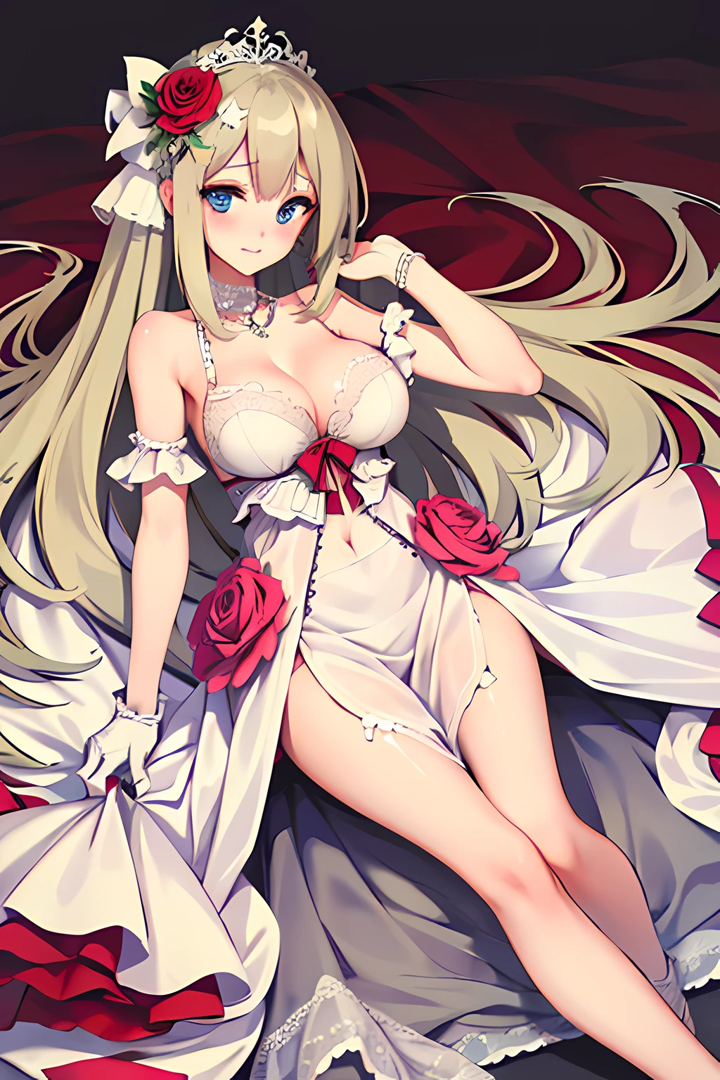 (wedding gown:1.2),(Long hair flaxen:1.2),lexington (warship girls r), ((Masterpiece)), (((Best quality))), ((Ultra-detailed)), ((illustration)), ((Disheveled hair)), ((frilld)), (1 girl), (Solo), anthropomorphization , knee bend, Blonde hair , Blue eyes, blueflower , Blue rose, Blush, Braid , Breasts , choker necklace, cleavage , Clothing, dress, Female, Female only, mitts, hair flower, hair adornments, Large breasts , Lingerie , Long hair , Rose, hair tying , Very long hair, White dress ,