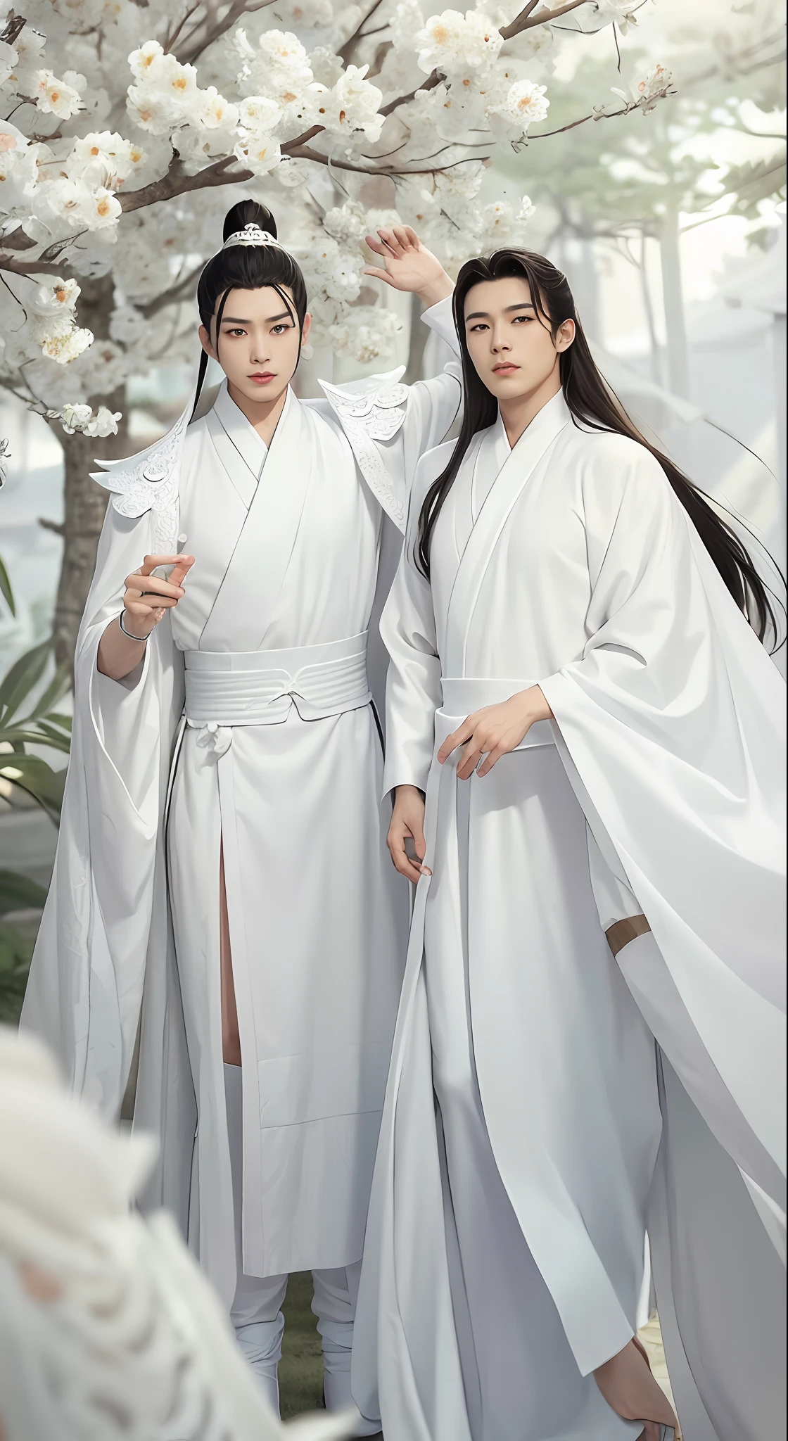 Two Asian men dressed in white stand side by side。, Flowing white robe, xianxia fantasy, White Hanfu, full-body wuxia, ancient kings in white robes, Inspired by Seki Dosheng, inspired by Gu An, flowing hair and long robes, white daoist robes, inspired by Zhu Derun, Inspired by Tang Yifen，Clear close-up of faces，超高分辨率，Full score details，