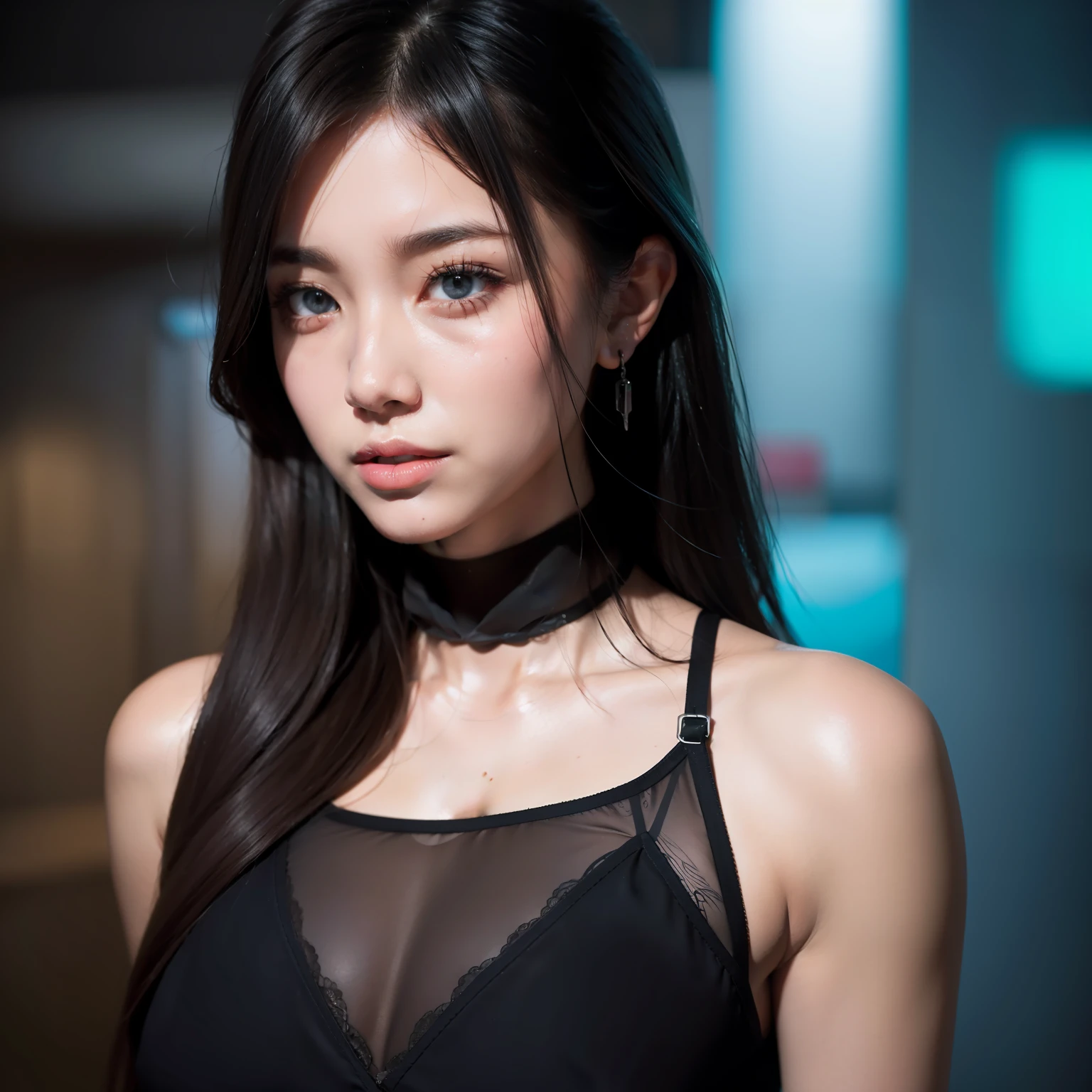 Cyberwind,Female hand mech,Delicate face,Extreme color,Bustling and gorgeous background,Neon lights,Long flowing hair,Leaking out of the shoulder