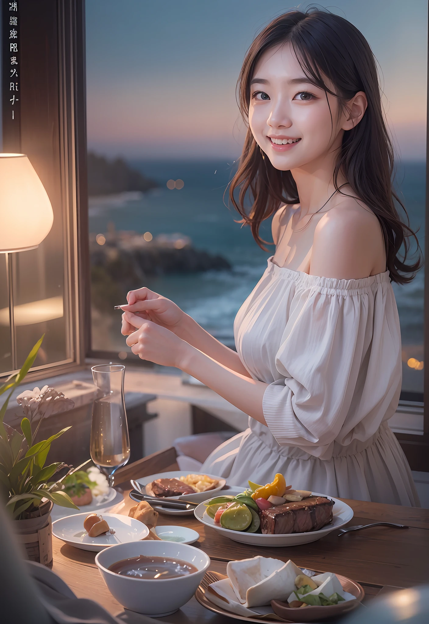 8K、Top image quality、​masterpiece、夏天、20yr old、(1 adult female)、Off-the-shoulder dresses、Eating moments、by the window、ocean view、Eat steak、Eat with your mouth wide open、Eyes shine deliciously、(Expressions that you can enjoy to the fullest)、Cinematic lighting