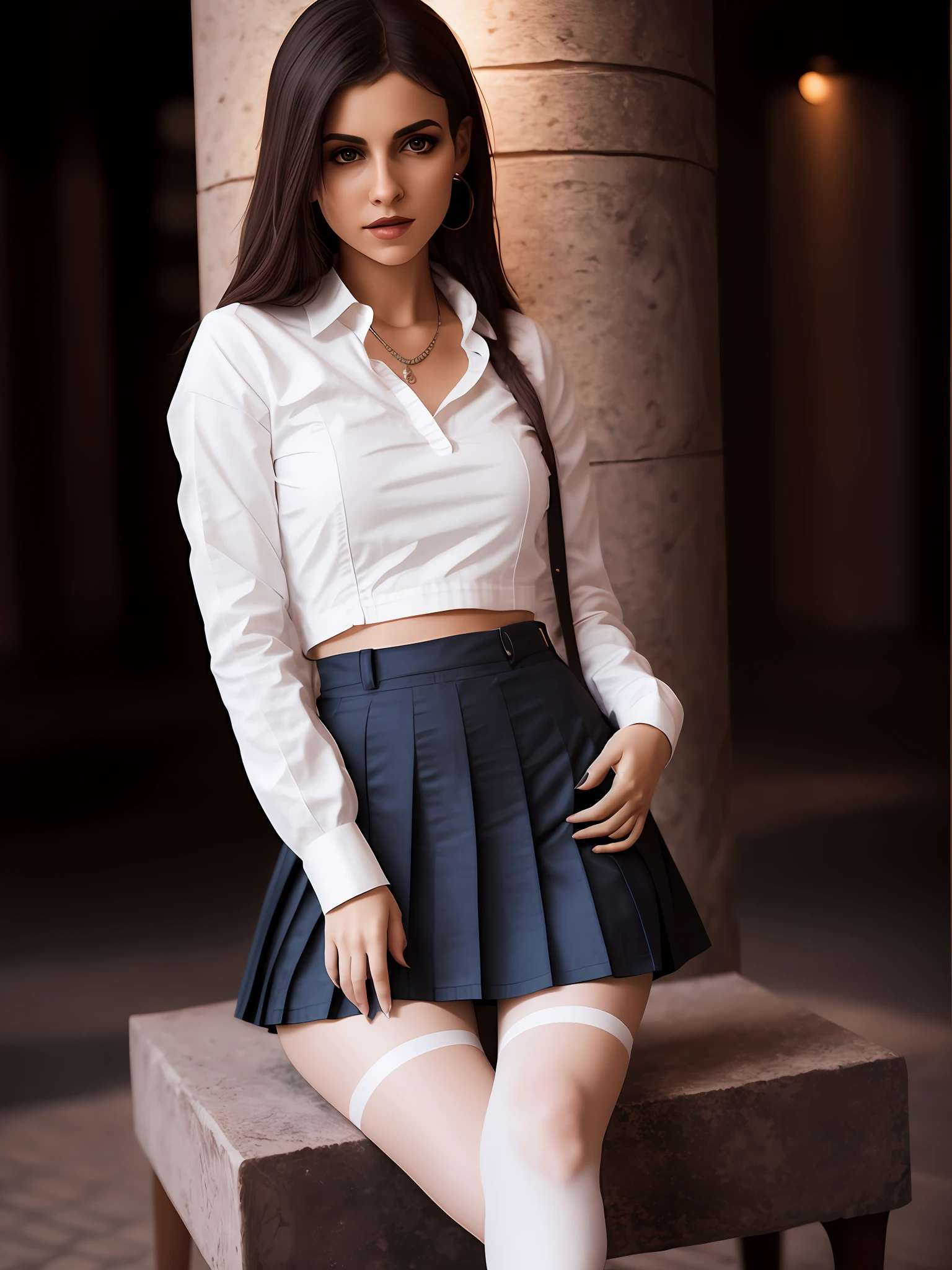 ultra realistic 8k cg, picture-perfect face, flawless, clean, masterpiece, professional artwork, famous artwork, perfect face, beautiful face, beautiful eyes, ((perfect female body)), solo,(immersive atmosphere, chiaroscuro:1.5,bright light:1.2,luminous lighting)
,,(blush:0.5),seductive expression,extremely detailed_eyes,thick thighs,large breasts,
beautifully detailed background,depth of field,realistic:1.3, long shot,1girl,shirt,pleated skirt, school uniform, sitting, full body,
(ambient light:1.3),(cinematic composition:1.3),(neon lights:0.1),(HDR:0.1),Accent Lighting, white pantyhose,