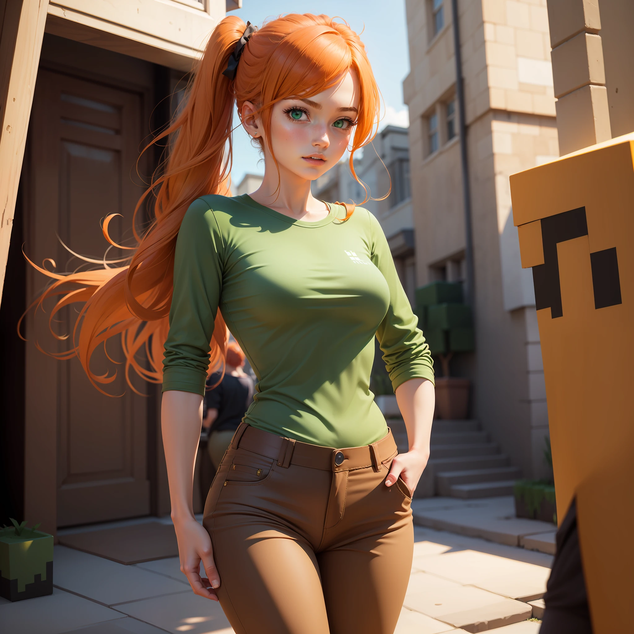 1girl, alex \(minecraft\), green shirt, ((brown pants)), orange hair, hair over shoulder, best quality, best anatomy
