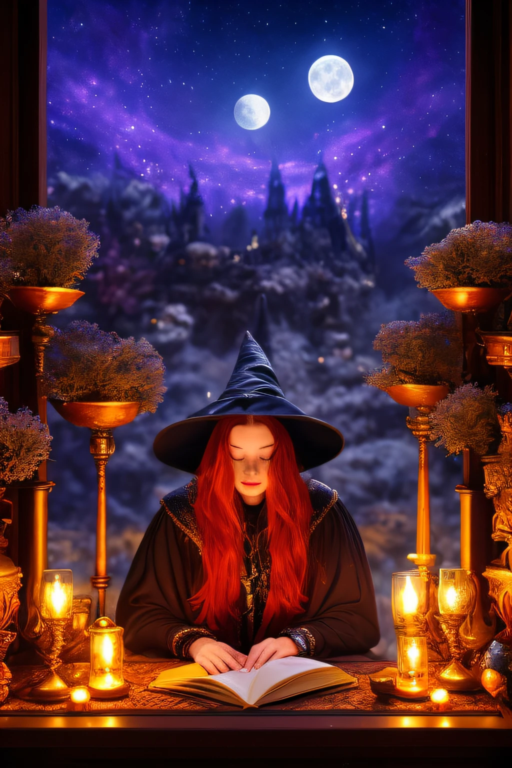 A high-resolution cinema photography, of red-haired witch model reading a book, fantasy scenery, witch hat, magic items, 8k photo of the cover, high detail painting, beautiful and detailed skin, On the table are tarot cards and incense and in the background you can see a giant glass window and the full moon illuminating the room, hyperresistance, Shadows, The lighting, reflection, moon reflection, 8k, detailed, magical, candles