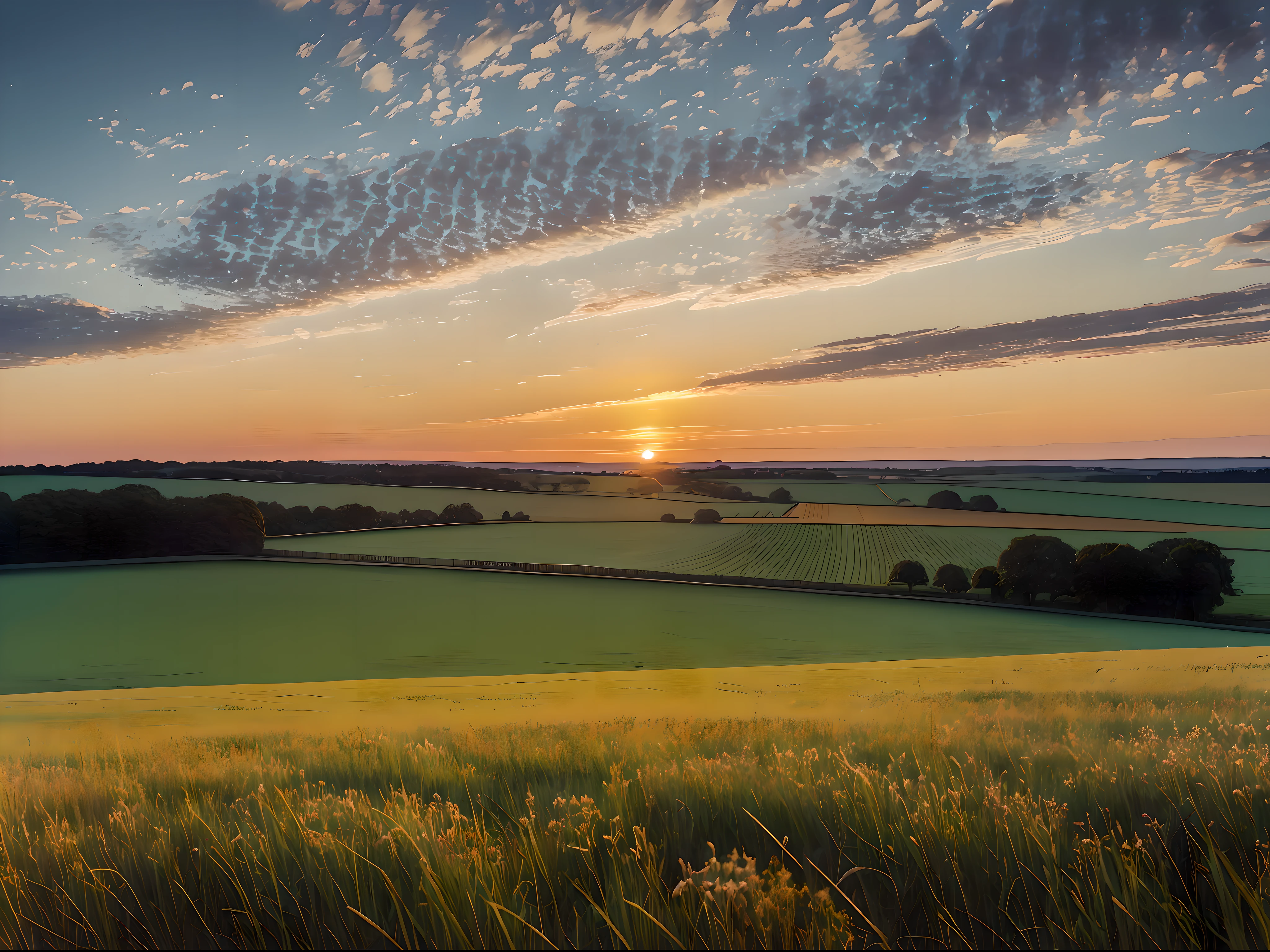 the sun is setting over a grassy field, an impressionist painting by Isobelle Ann Dods-Withers, trending on unsplash, tonalism, complementary colors, painterly, high dynamic range