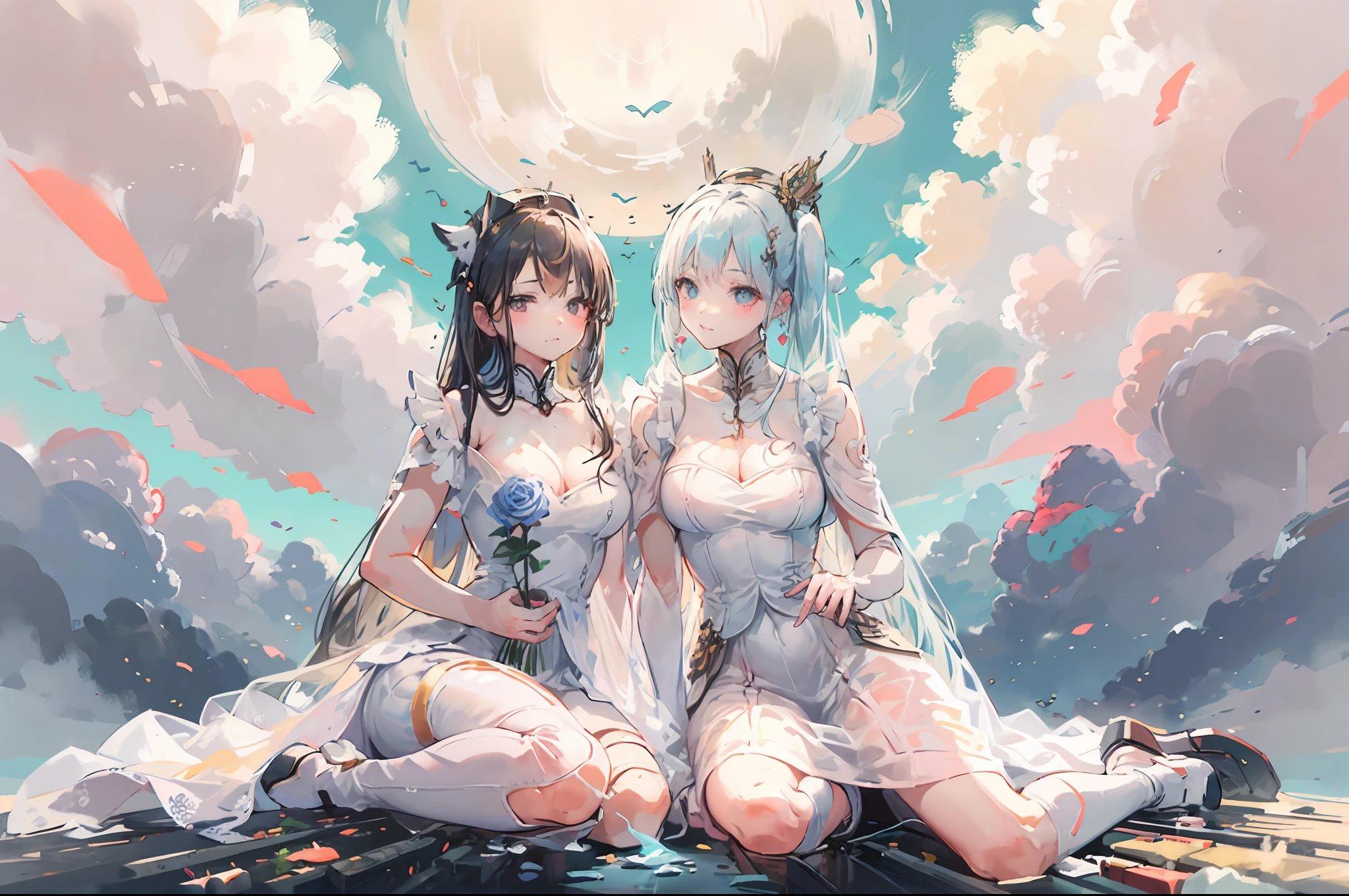 Two women in white dresses sitting on the floor with bouquets of flowers, angels in white gauze dresses, wearing white clothes, beautiful gemini twins portrait, twintails white_mitts, White background : 3, White clothes, Ruan Jia and Fenghua Zhong, shaxi, with a twin, Milky white skin, promo image, Cute and lovely, Portrait image, photoshoot