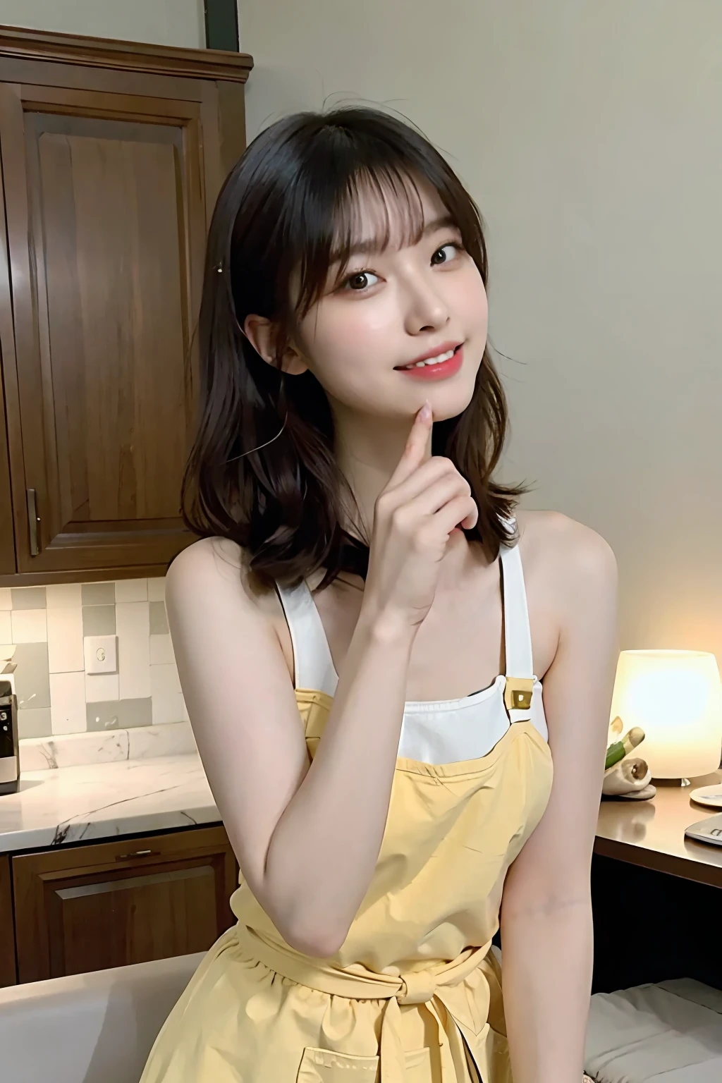 a woman is cooking、(kitchin_Apron:1.Wear 3)、Good Hand、4K、hight resolution、​masterpiece、top-quality、Cap:1.3、((Hasselblad photo))、Fine skin、foco nítido、(lighting like a movie)、Soft lighting、dynamic ungle、[:(详细的脸:1.2):0.2]、Medium chest、sweats streamed skin:1.2、(((In the kitchen))) A smile　Beautiful profile　Colossal tits　Beautiful body　Tying hair　Wide background々and a luxurious living room　Luxurious and luxurious living　Luxurious living room　Beautiful living room　Beautiful living room　A smile　an orange　lemons　A smile　Laughing　banana in　pineapple　Luxurious room　beautiful  lighting　Beautiful lighting　Very large room　Very high image quality　Very high definition　8k Photos