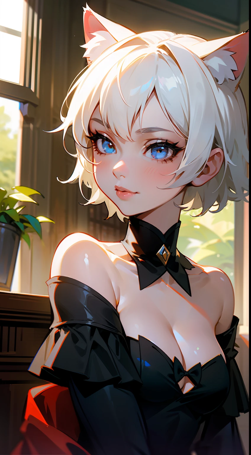 one-girl,(short white hair 1.2),Cat ears,beast ear,fury,Thick lips,Off-the-shoulder attire,Tiny breasts,looks into camera,sportrait,closeup cleavage,Be red in the face,ssmile,Bedrooms,Study room,Greenery,doll