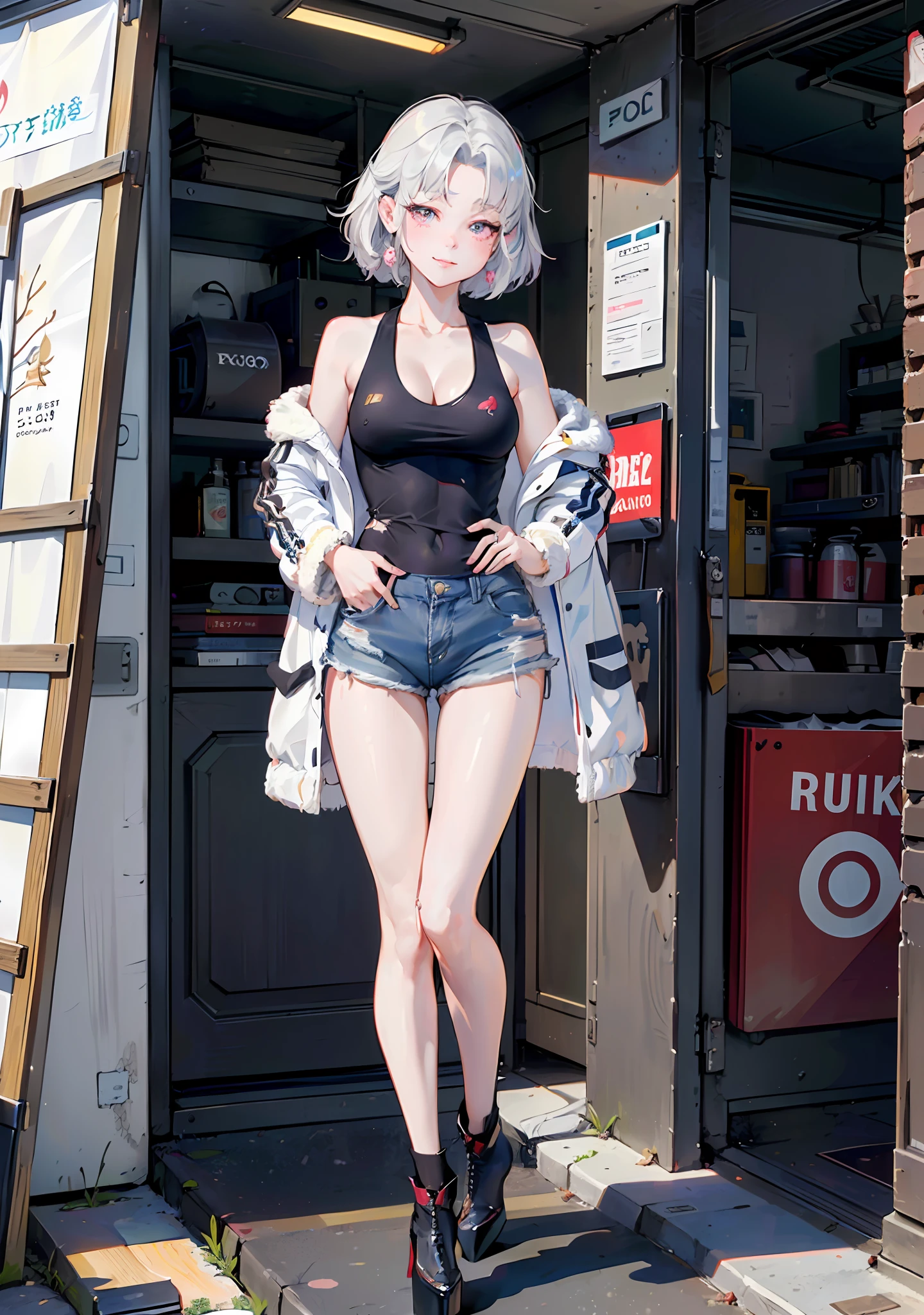 ((((masterpiece, best quality, high resolution)))), 1girl, average breasts, blush, light smile, glow, thighs, bare shoulders, collarbone, narrow waist, cleavage, (beautiful detailed face, beautiful detailed eyes), (oversized short fluffy coat, white tank top, ripped denim shorts, high heels), (harajuku fashion), Harajuku