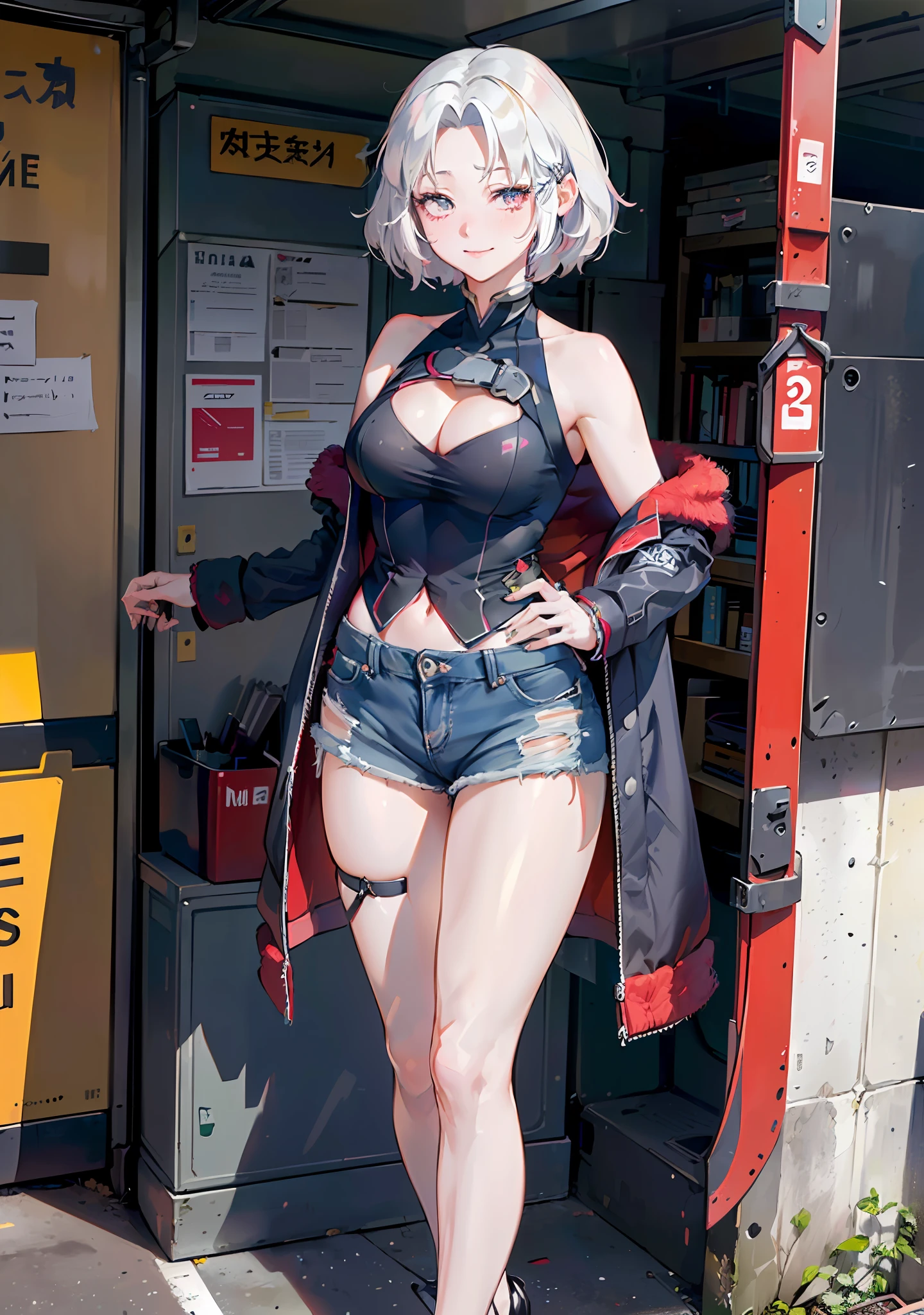 ((((masterpiece, best quality, high resolution)))), 1girl, average breasts, blush, light smile, glow, thighs, bare shoulders, collarbone, narrow waist, cleavage, (beautiful detailed face, beautiful detailed eyes), (oversized short fluffy coat, white tank top, ripped denim shorts, high heels), (harajuku fashion), Harajuku
