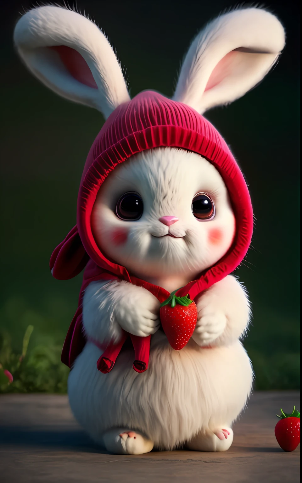 : 3. bunny, realistic, furry animal, apple, black eye, blush, cherry, food, fruit, full body, hat, non-human, strawberry, tomato, watermelon