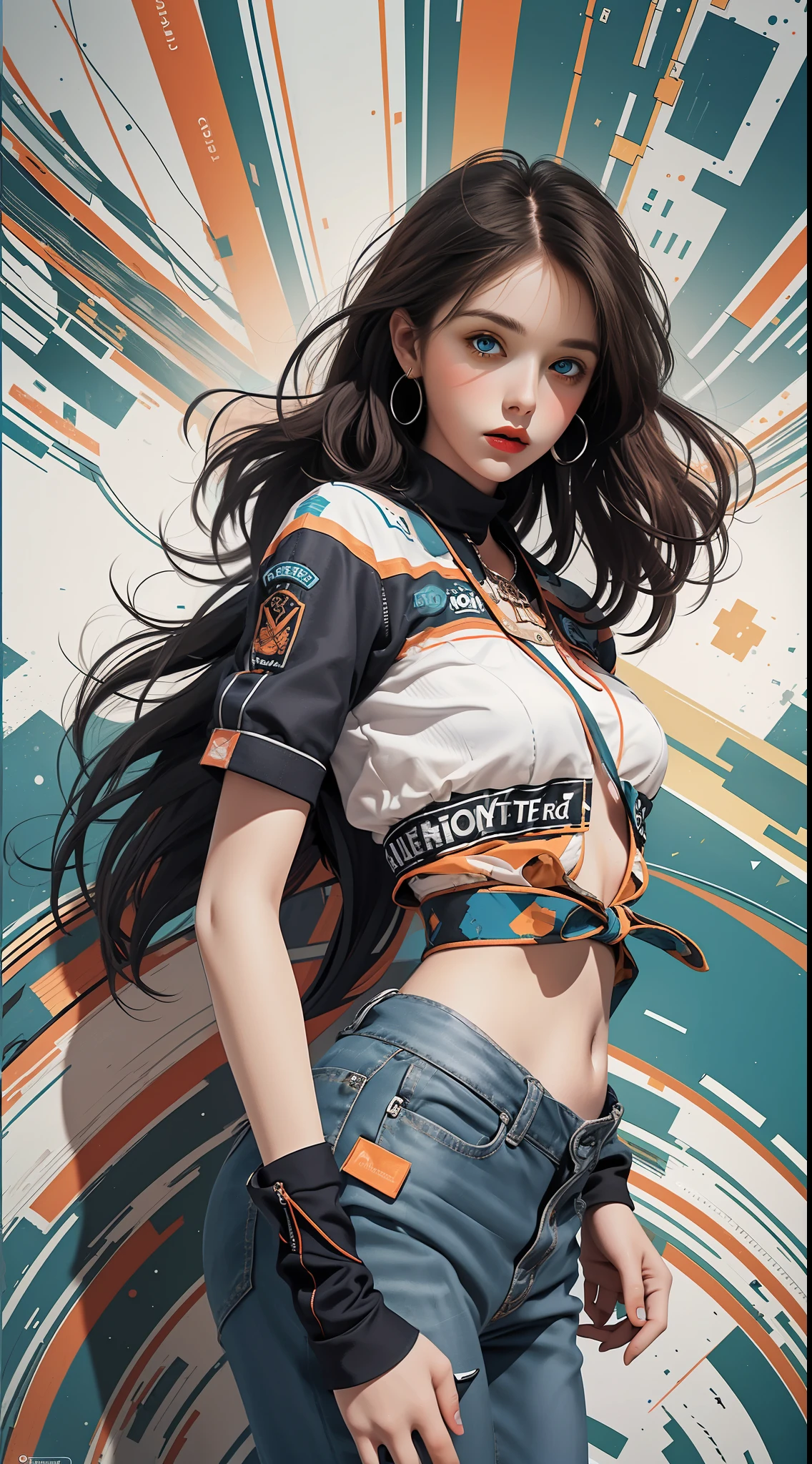 woman,Exaggerated action,fully body photo,Colorful color scheme,Trendy clothing,Leave white space above the image,Columnar patch background,Geometric pattern stitching background