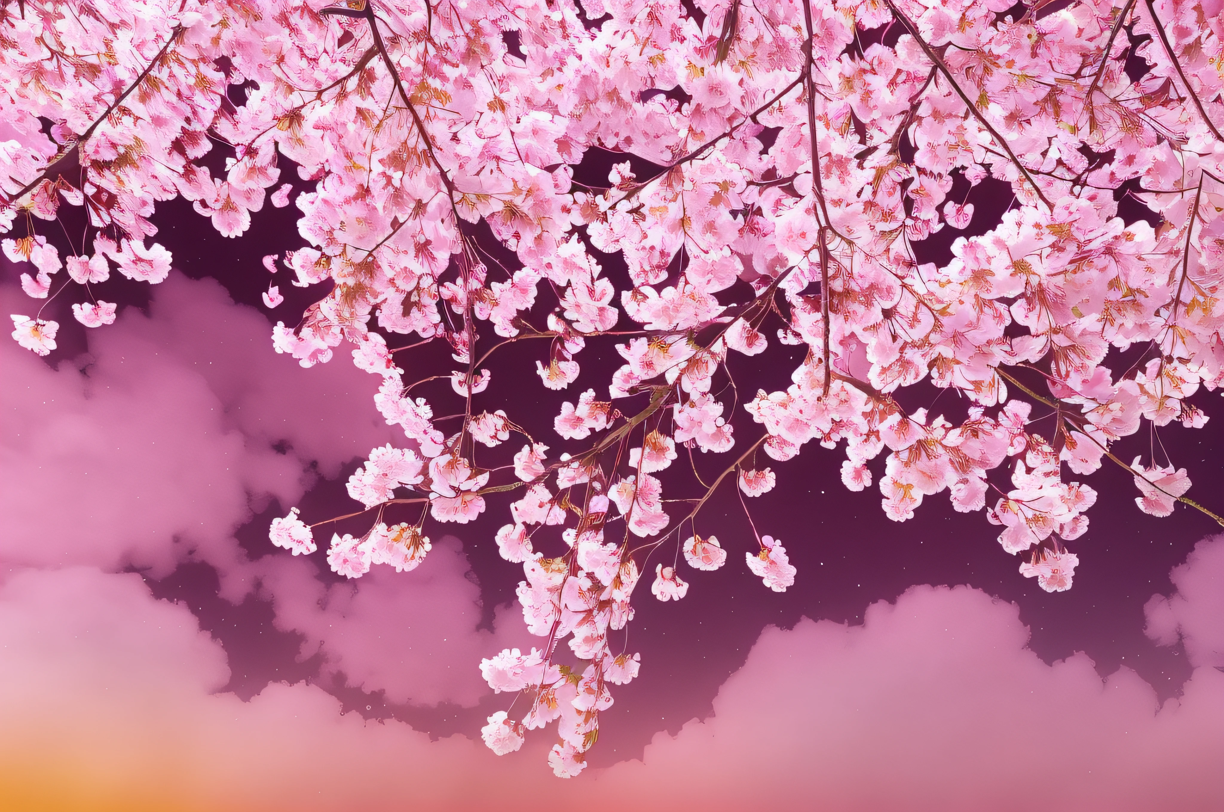 À la Fed view of trees with pink flowers against dark sky, sakura blooming on background, under a cherry blossom tree, cherryblossom, sakura season dynamic lighting, sakura trees in the background, lots of sakura flowers, cherryblossom, cherryblossom, sakura bloomimg, cherry blossom, blossom sakura, flowing sakura-colored silk, cherry blossom falling, sakura petals around her