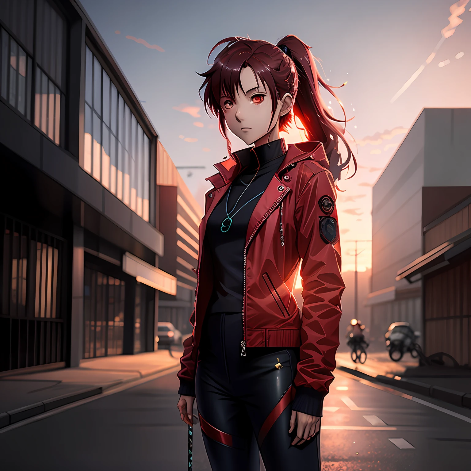 1girll,Mecha suit,Sateen,exteriors,Tight combat suit,EVA,Shin Evangelion,Backstage mech,Open red jacket,Look at the other person,dual horsetail,CatEarHeadphones,Trends on ArtStation,8K分辨率,The is very detailed,anatomically correcte,Sharp images,digitial painting,concept-art,Trends on pixiv,Estilo de Makoto Shinkai,Red sunset,Night background,Blood-colored sky,