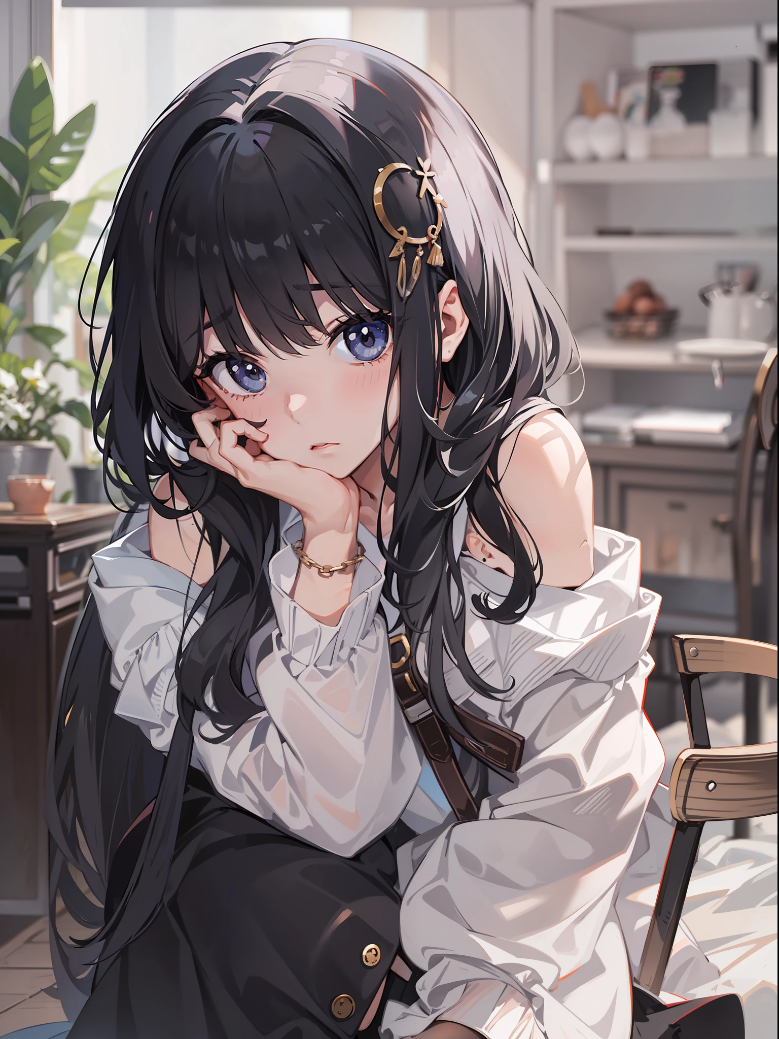 teens girl，black color hair，Black eyes，adolable，contemplative