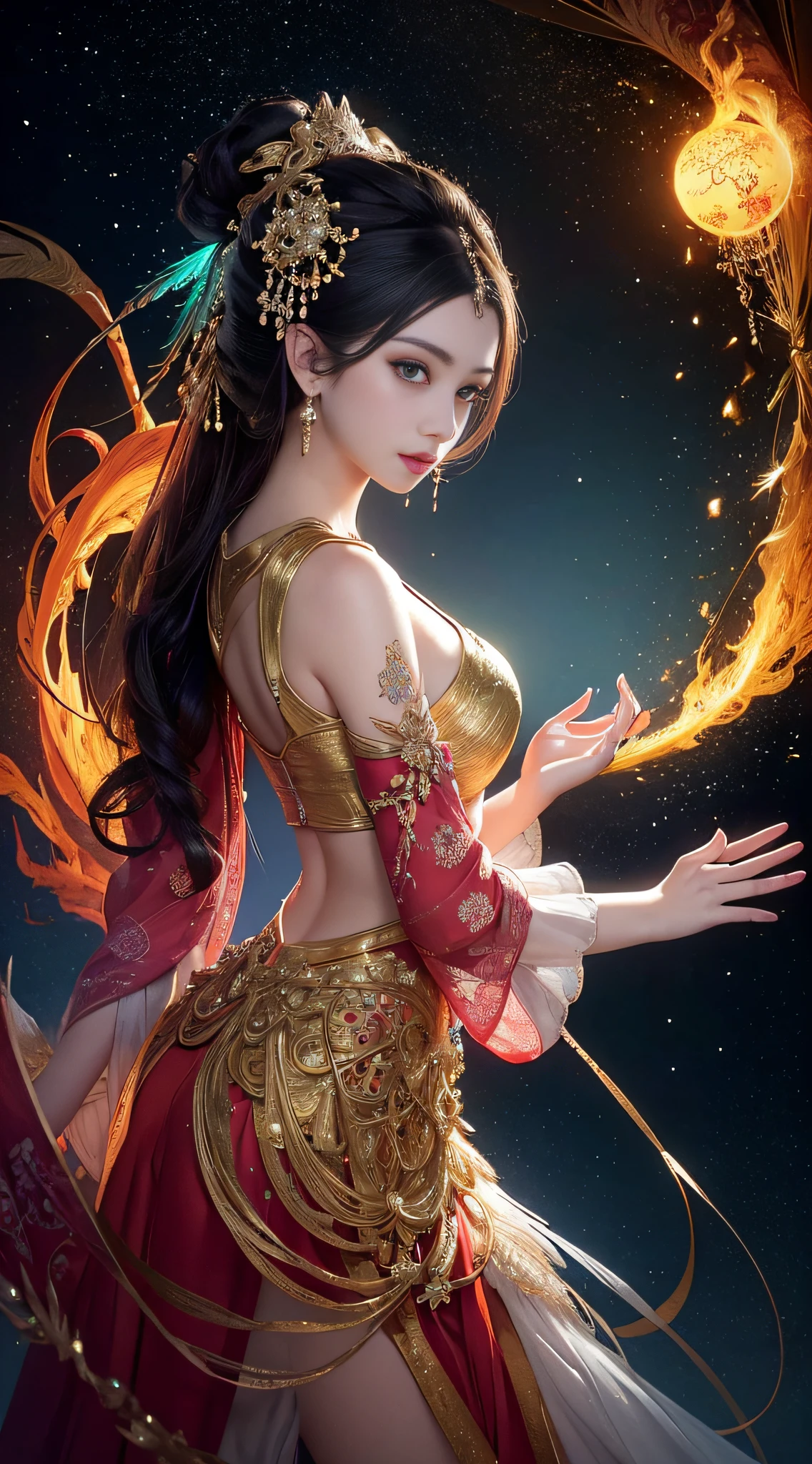 Er Jie, a girl with a smooth and dynamic posture, wearing a loose and flowing pink dress, with a mysterious expression and curly black pink hair, [Zhang Ziyi|Aishwarya Rai], bold and colorful abstract art in a modern and abstract environment, blurred background, bright lights, official art, Unity 8k wallpaper, (zentangle, mandala, tangled, tangled), intricate clothes, mid-style (whole body, from all directions, masterpiece, top quality, best quality, official art, Beauty and aesthetics: 1.2), very detailed, (fractal art: 1.1), (color: 1.1) (flowers: 1.3), highest detail, (zentangle: 1.2), (dynamic pose), (abstract background: 1.3), (shiny skin), (multiple colors: 1.4), (feathers: 1.5), dynamic angle, most beautiful chaotic forms, elegant, fauvist design, bright colors, romanticism, dark style beautiful princess of the underworld spooky bad smile complex tattoos Anime 3D Art Style 3D Dark Night Deep Black Sky Horror ((Cold Complex Skull Accessories )) (Guvez style artwork) ((Black Chinese-style underground palace with huge complex structure in background)) Leica lens Depth of field (Masterpiece, top quality, best quality, official art, Beauty and Aesthetics: 1.2), (1girl: 1.3), (Fractal Art: 1.3) (Masterpiece, Top Quality, Best Quality, Official Art, Beauty and Aesthetics: 1.2), (1girl), Extreme Detail, Colorful, Highest Detail, Official Art, Unified 8k Wallpaper, Ultra Detailed, Beautiful and Aesthetic, Beautiful, Masterpiece, Best Quality, (Zentangle, Mandala, Tangled, Entangle), Holy Light, Gold Leaf, Gold Foil Art, Glitter Drawing, PerfectNwsjMajic M Desfi masterpiece, the best quality, hair becomes fire, hair is on fire, fantasy, (Ray: 1.05), Orange Light Particles, Landscape, Fire, Beautiful and Detailed Explosion, Beautiful Detailed Glow, Flame Burning Around, Flame Burning Around, Fire Feather, Burning, (Burning Forest: 1.34), (Bare Trees: 1.05), Ash, (Red Sun: 1.05), (Flame Around Character: 1.1), Solo, Crazy Smile, (Detail: 1.05), High Resolution Illustration, Radiant Skin, Colorful, (Ultra Fine: 1.1), (Illustration: 1.05), (Detail Light: 1.05), (Extremely Delicate Beauty: 1.1), Beautiful Detail Girl, Depth of Field, white_long_hair, orange_eyes, eyelashes, dark eyelashes, eyeliner, soft glowing eyes, (masterpiece, top quality, best quality, official art, beauty and aesthetics: 1.2), (1girl: 1.3), very detailed, (fractal art: 1.1), (color: 1.1) (flowers: 1.3), most detailed, (zentangle: 1.2), (dynamic pose), ( abstract background:1.3), (shiny skin), (many colors:1.4), ,(earrings), (feathers:1.5), (flamethrower:1.3), red background, phoenix skirt, (masterpiece, top quality, best quality, official art, Beauty and Aesthetics: 1.2), (1girl: 1.3), (fractal art: 1.3), Masterpiece, (Best quality: 1.2), (Ultra Fine: 1.2), Illustration, (Extremely delicate and beautiful: 1.2), Cinematic angle, floating, (Beautiful detail eyes: 1.1), (Detail light: 1.1), Cinematic lighting, exquisite sky, woman, white hair, blue eyes, (high ponytail: 1.1), cape, glowing eyes, (moon: 1.2), (moonlight: 1.1), starry sky, (light particles: 1.1), fog, snow painting, sketching, blooming,anime girl in white dress with flowing hair and stars, Guvez style artwork, fantasy art style, beautiful digital artwork, beautiful character painting, Yang J, beautiful digital illustration, stunning digital illustration, 8k high quality detail art, li song, guvitz, digital fantasy art), beautiful fantasy art, trending on cgstation, (masterpiece, top quality, best, official art, beautiful and aesthetic, Long exposure: 1.2), smooth movement, charming pattern, 1 girl, (long skirt with sleeves: 1.3), upper body close-up, no shoulders, chinese girl, blush, black lob hair, portrait, solo, upper body, gaze observer, detailed background, detailed face, (crystallineAI, crystalline theme:1.1), elemental wood sprite, rotating leaves, controlling leaves, emerald clothes, dynamic pose, floating particles, Ethereal Power, Leaves, Steam, Forest in Background, Green Tones, Forest, Ethereal Atmosphere, Official Art, Unified 8k Wallpaper, Ultra Detailed, Beautiful and Aesthetic, Masterpiece, Best Quality, (Zentangle, Mandala, Tangled, Entangled), (Fractal Art: 1.3), 1girl, Very Detailed, Dynamic Angle, Cowboyshot, Most Beautiful Forms Chaotic, Elegant, Fauvist Design, Bright Colors, Romanticism, James Jean, Robbie Devi Antono, Ross Tran, Francis Bacon, Michal Mraz, Adrian Ganey, Petra Cortwright, Gerhard Richter, Takashi Yamamoto, Ashley Wood, atmospheric, ecstatic notes, flow notes visible, -V6 --q2 ---s750