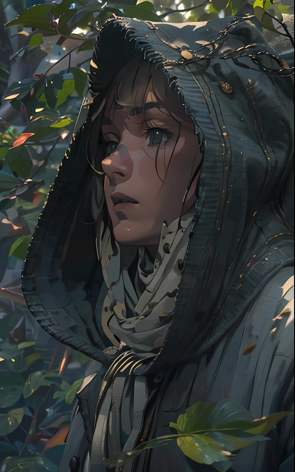 Sharp, 8K, Trending on ArtStation, an intricate, Pattern, Realistic fantasy, 7K,A hyper-realistic, hyper-detailing, analog style, The wind is looking for leaves, The leaves are twisted, The leaves fall off, , humble, low cut, An old cloak, detailed skin, Matte skin, soft-lighting, sub-surface Scattering, Realistic, Heavy shadow, Masterpiece, Best Quality, ultra realistis, 8K, the golden ratio, Intricate, high detail, Film photography, soft focus, Lonely girl in a raincoat with a hood on her head, An old scarf, wrapped around the head, Detailed appearance, Четкость 8 K, A huge loose rope weighs in front, In his hands, He's holding a huge rope, A whirlwind of leaves beneath your feet, BREAK , Illustrate a monochromatic world with the addition of green, Use only shades of black, White & gris, To convey depth, Emotions and striking visual impact. Landscapes."street fighter", in the style of 0MIB, many people, slums, Brad Johnson, American actor,  Girl Dark Hair, Wax 30 years