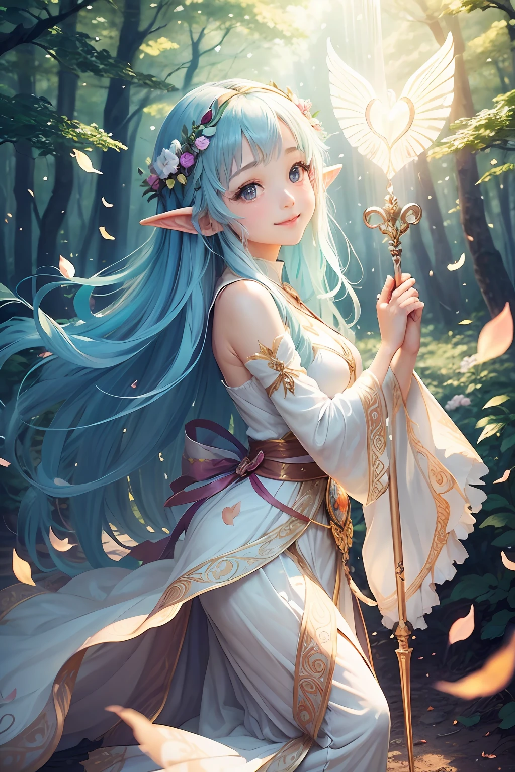 beautiful goddess、Flying in the sky、Elves will guide you､kindly smile、Transparent beauty、beautiful fairies、、splatters、the woods、Bright smile、magic wands､Bright background、shining background、heart mark、rainbows、falls
